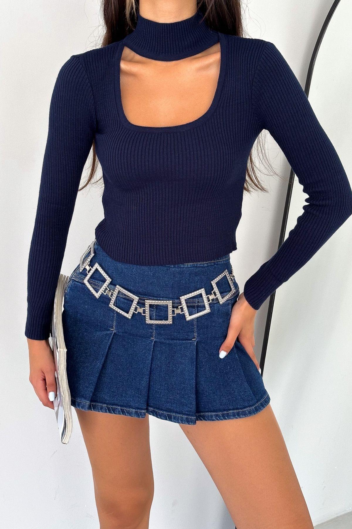 Göğüs Dekolteli Fitilli Triko Lacivert
