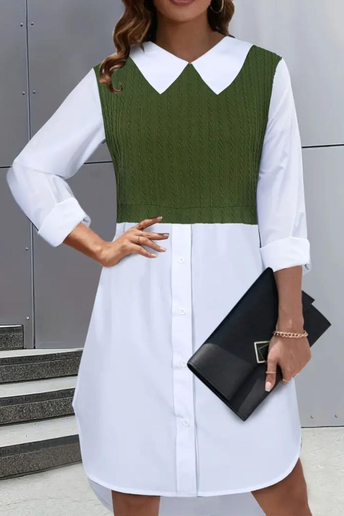 Gömlek Yaka Çift Renkli Mini Terikoton Elbise Yeşil