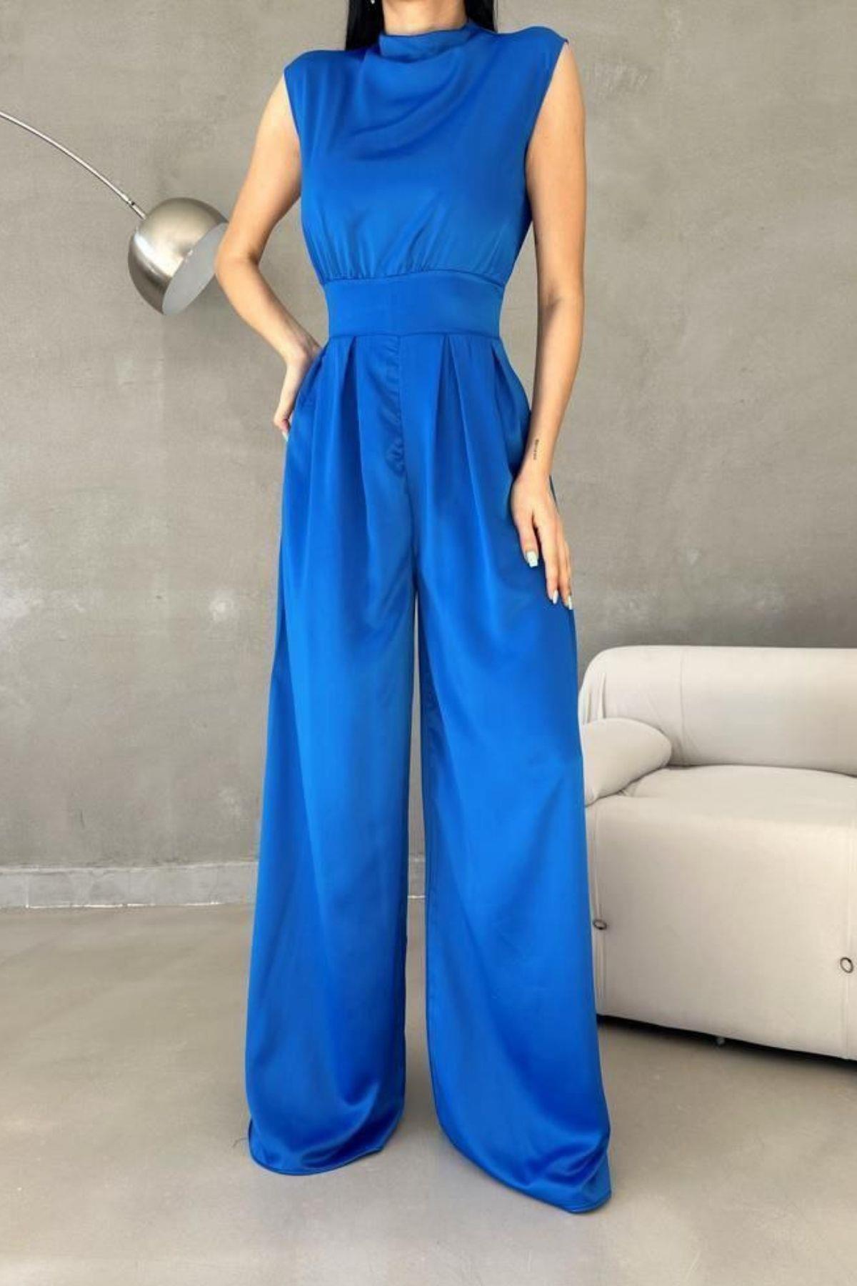 Halter Yaka Bol Paça Saten Tulum Saks