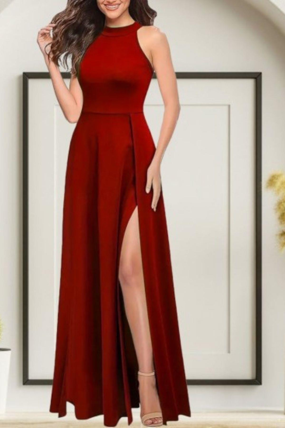 Halter Yaka Derin Yırtmaçlı Krep Elbise Kırmızı