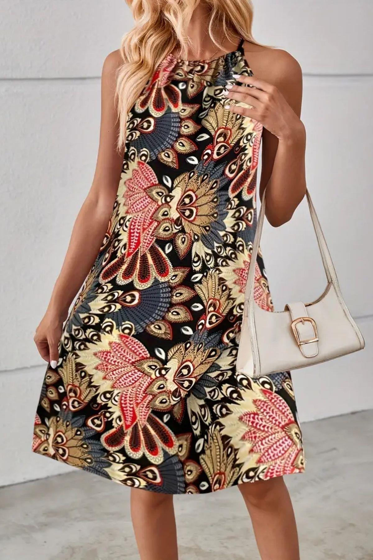 Halter Yaka Desenli Süprem Mini Elbise Siyah