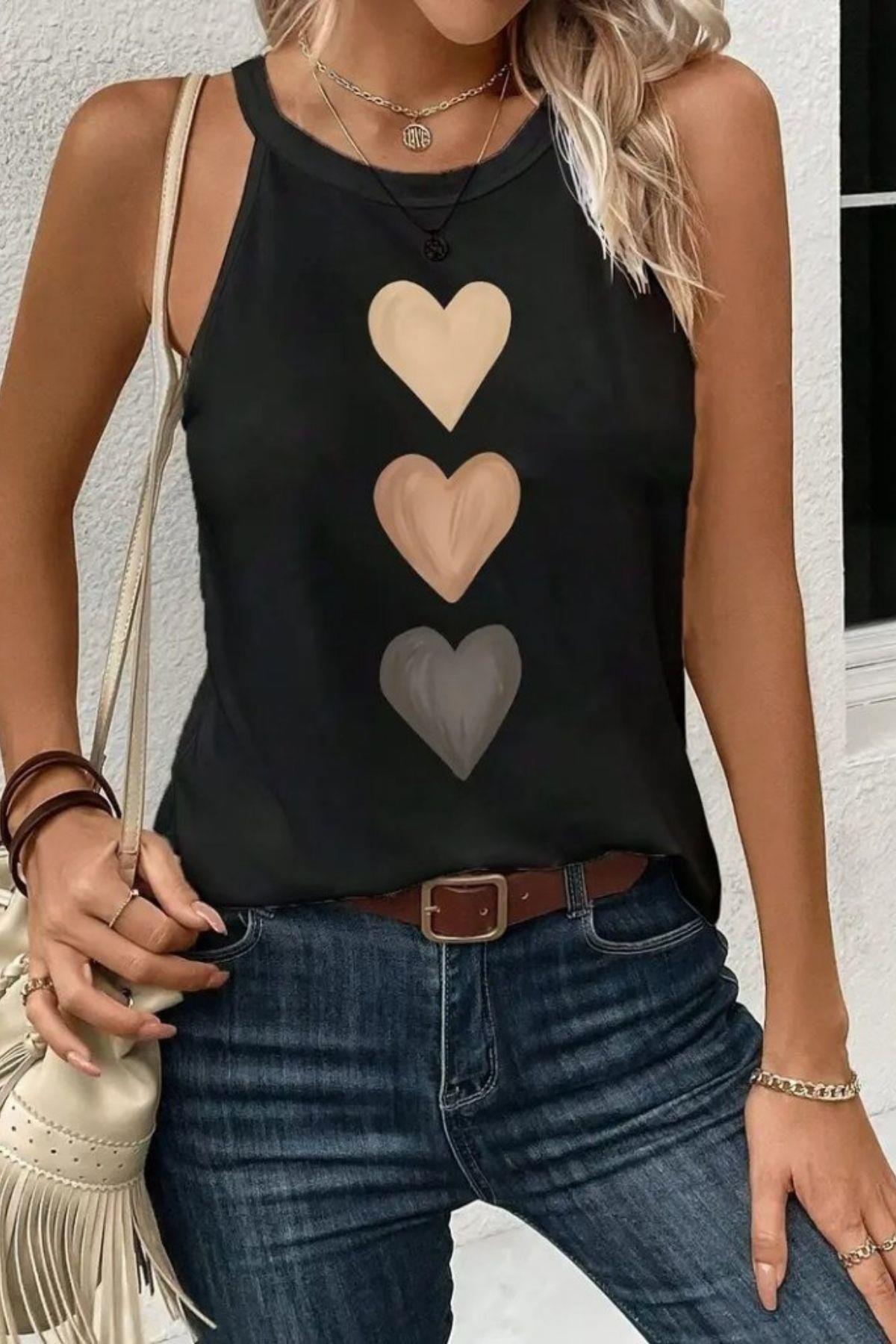 Halter Yaka Kalp Desen Viskon Bluz Siyah
