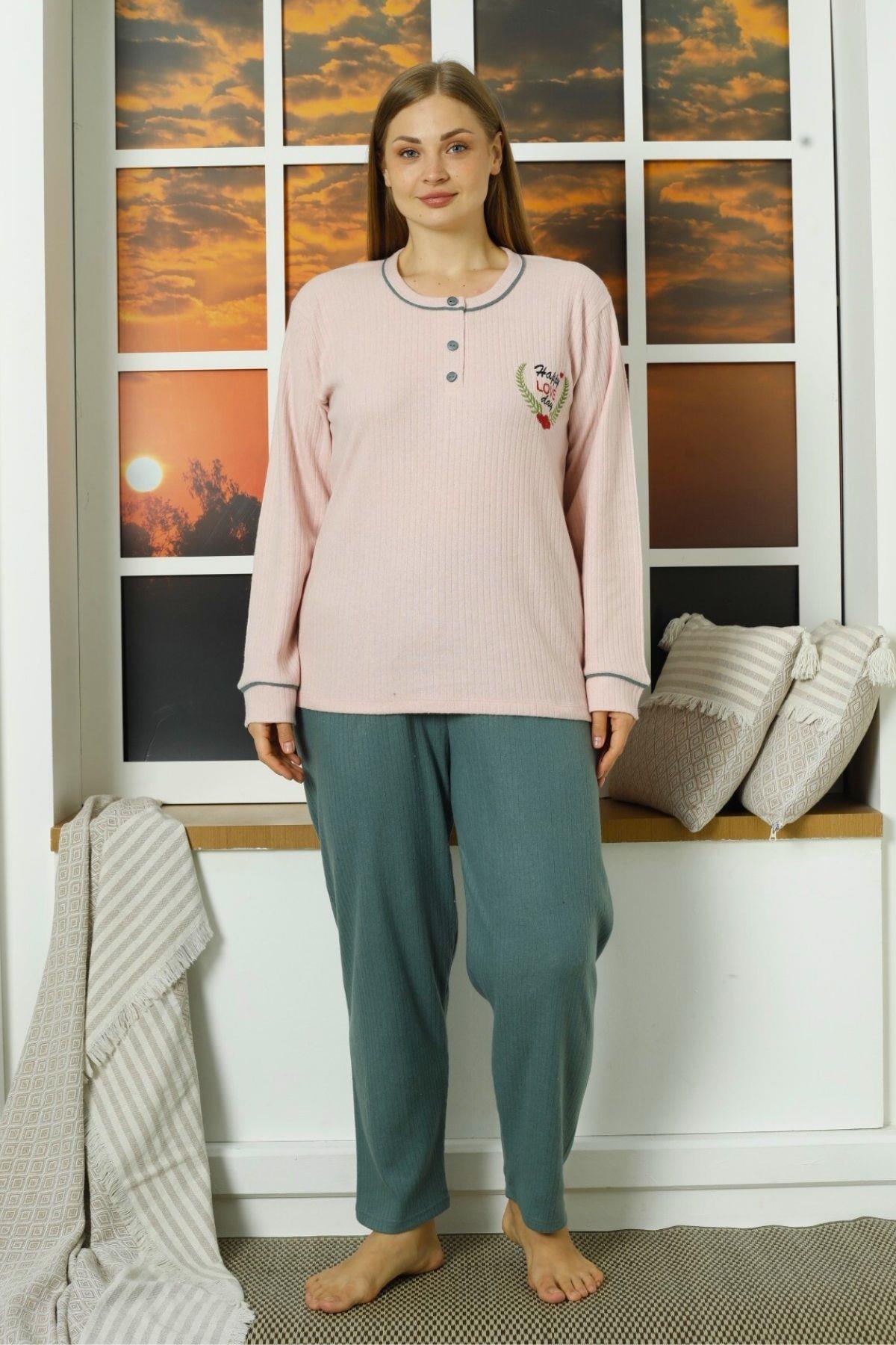 Happy Love Kalın Fitilli Ön Düğmeli Büyük Beden Pijama Takımı Pudra