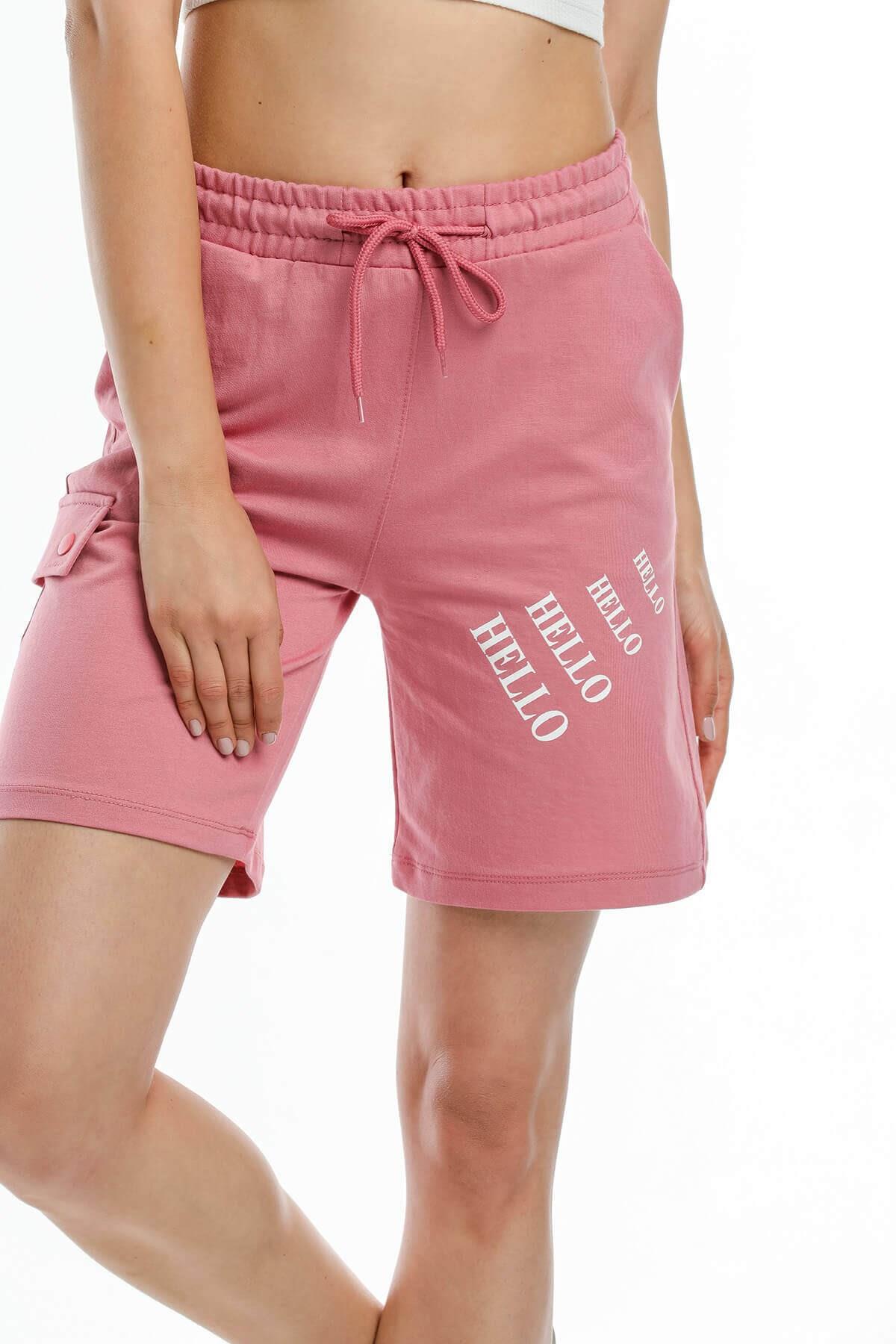 Hello Yazılı Bermuda Şort Pembe