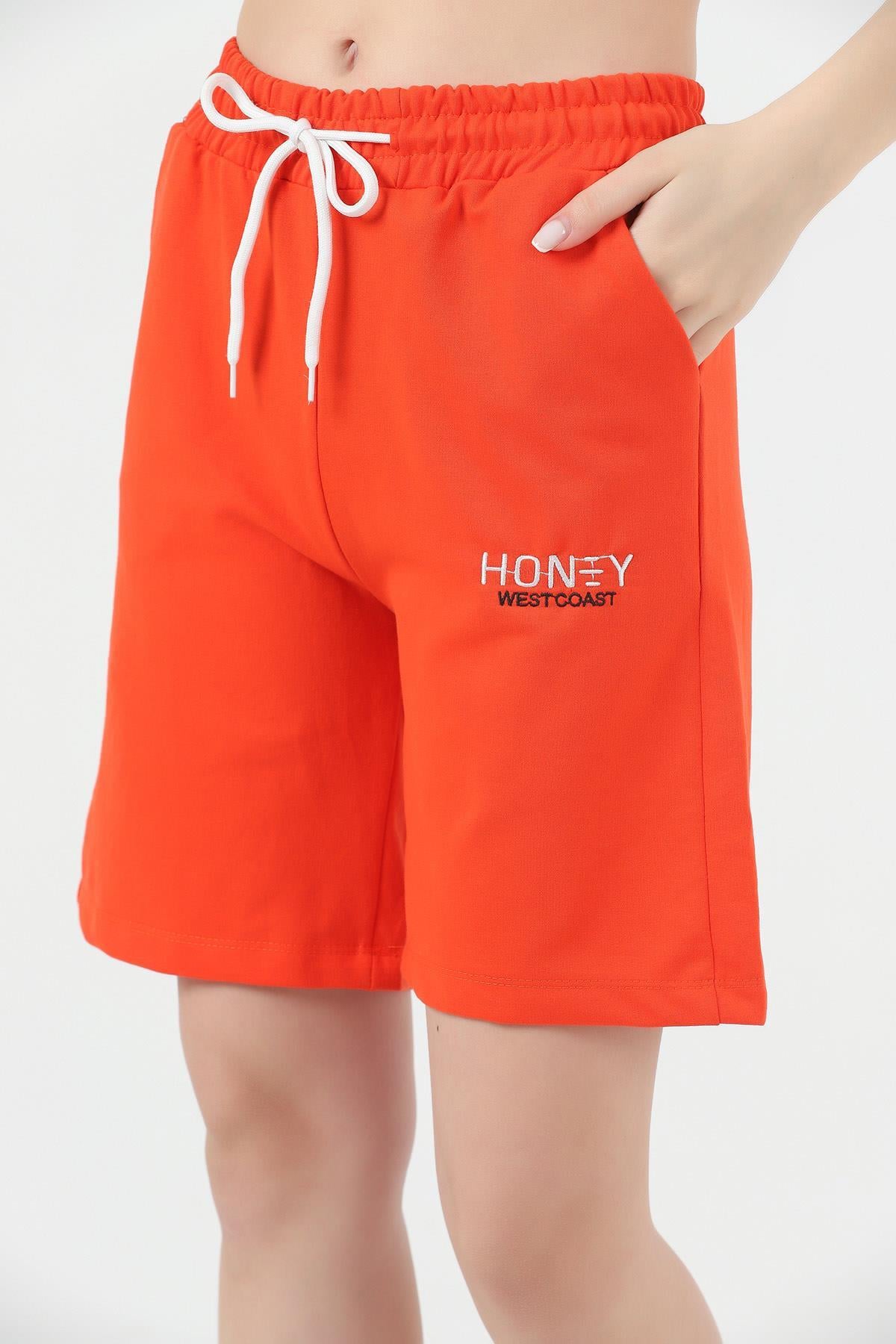 Honey Nakışlı Penye Kadın Şort Turuncu