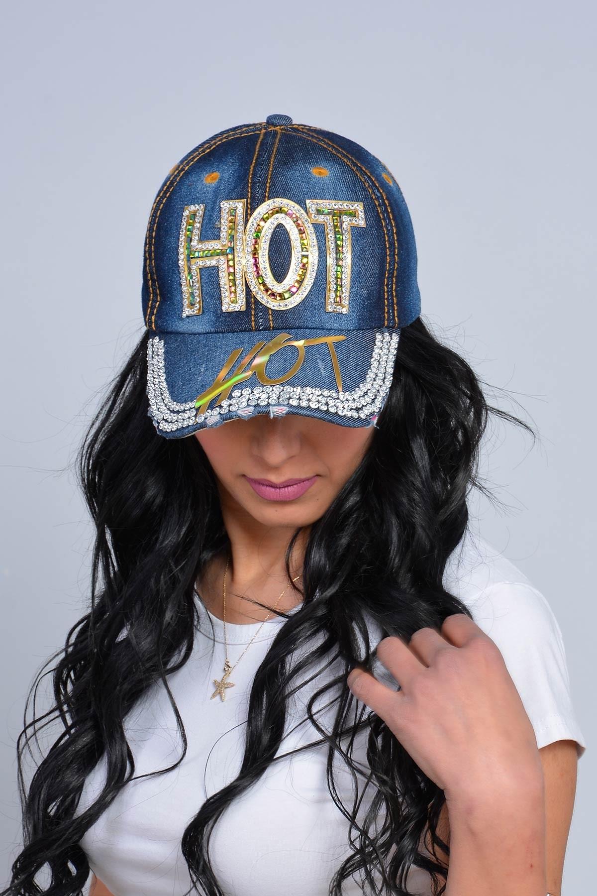 Hot Taşlı Kot Şapka Koyu Lacivert