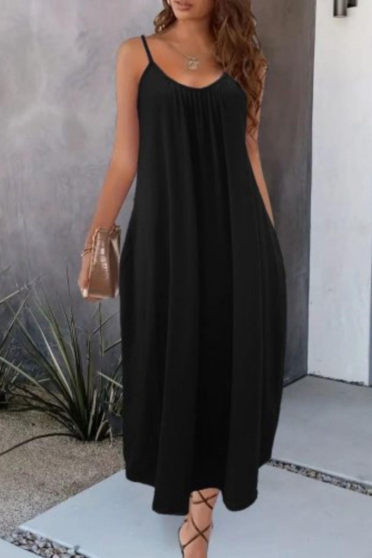 İp Askılı Cepli Rahat Kesim Viskon Elbise Siyah