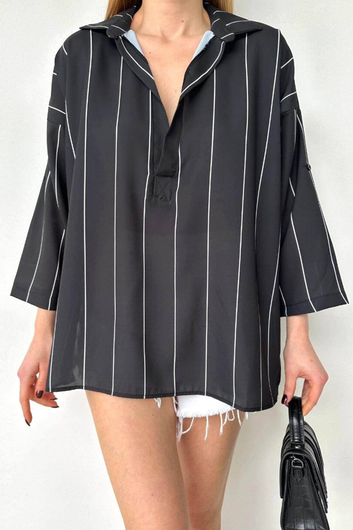 Jesica Oversize Çizgili Gömlek Bluz Siyah