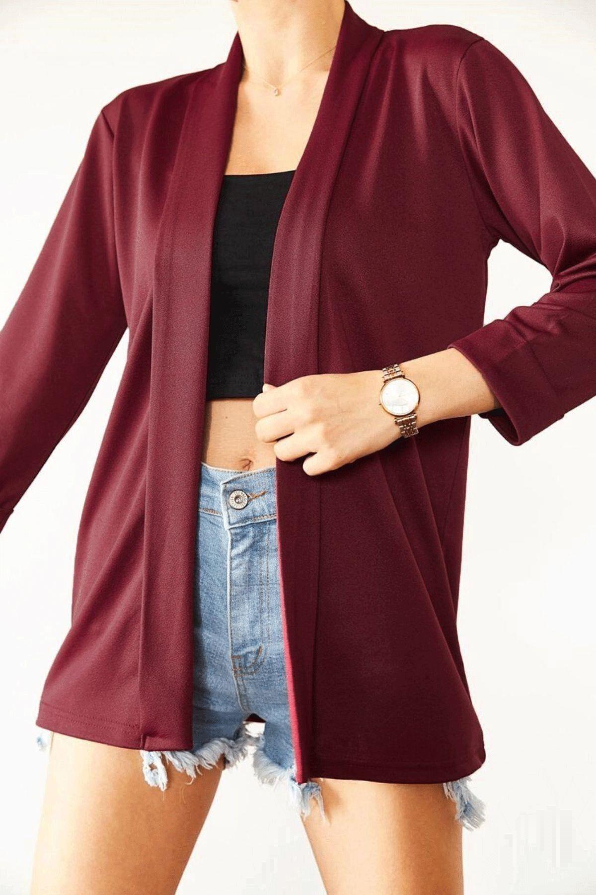 Kadın İnce Örme Krep Ceket Mürdüm