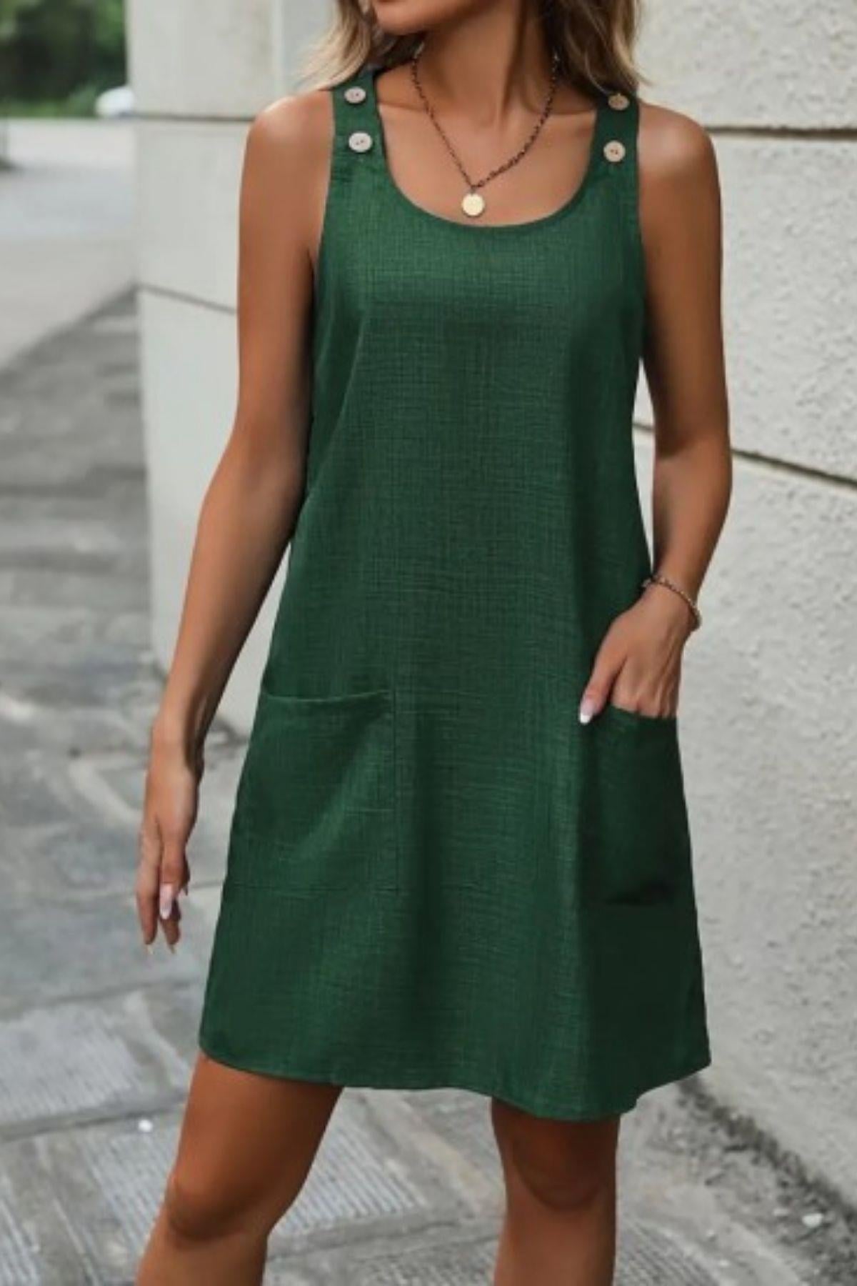Kalın Askılı Düğme Detay Cepli Keten Elbise Yeşil