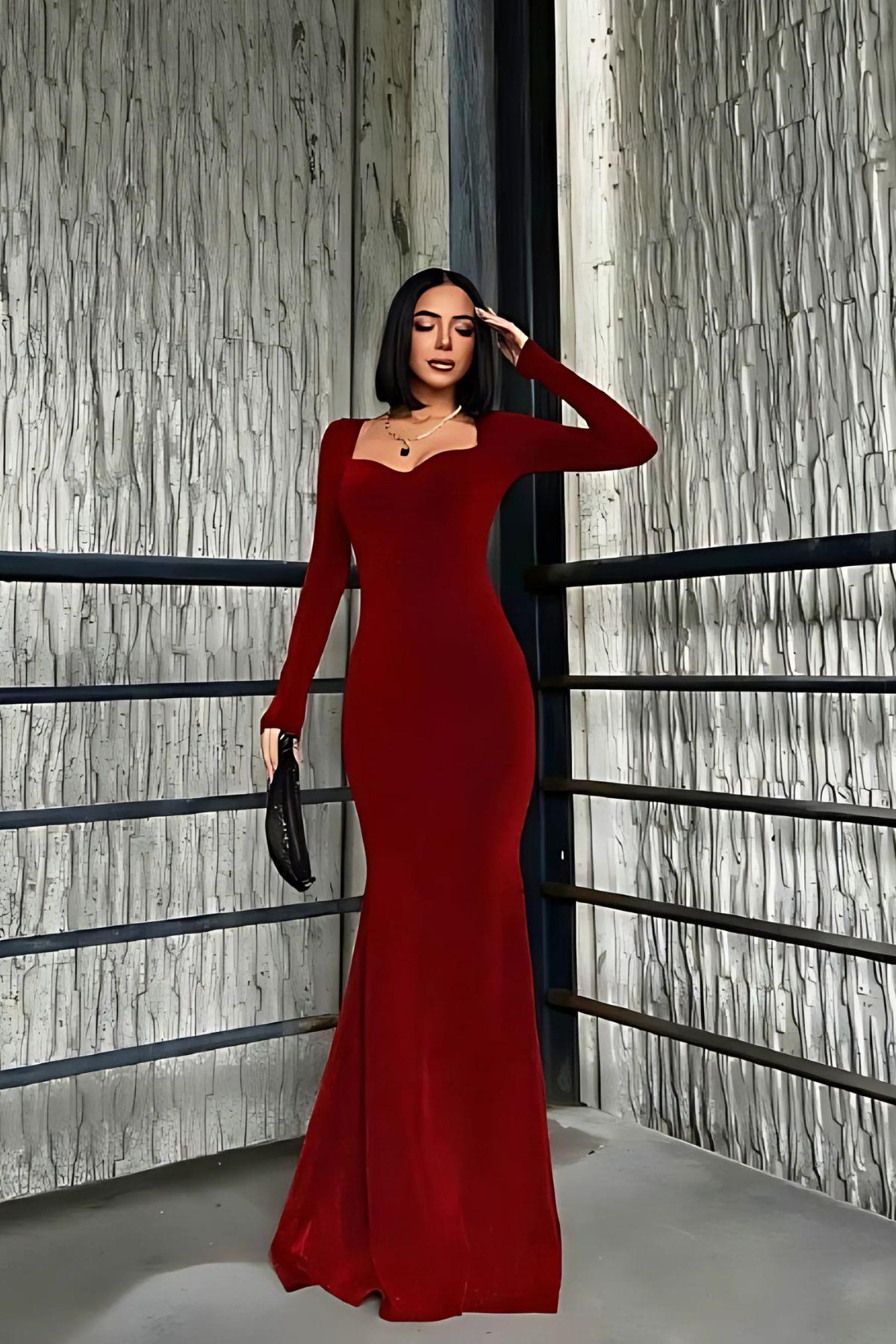 Kalp Yaka Balık Model Flowers Simli Kumaş Abiye Elbise - Bordo