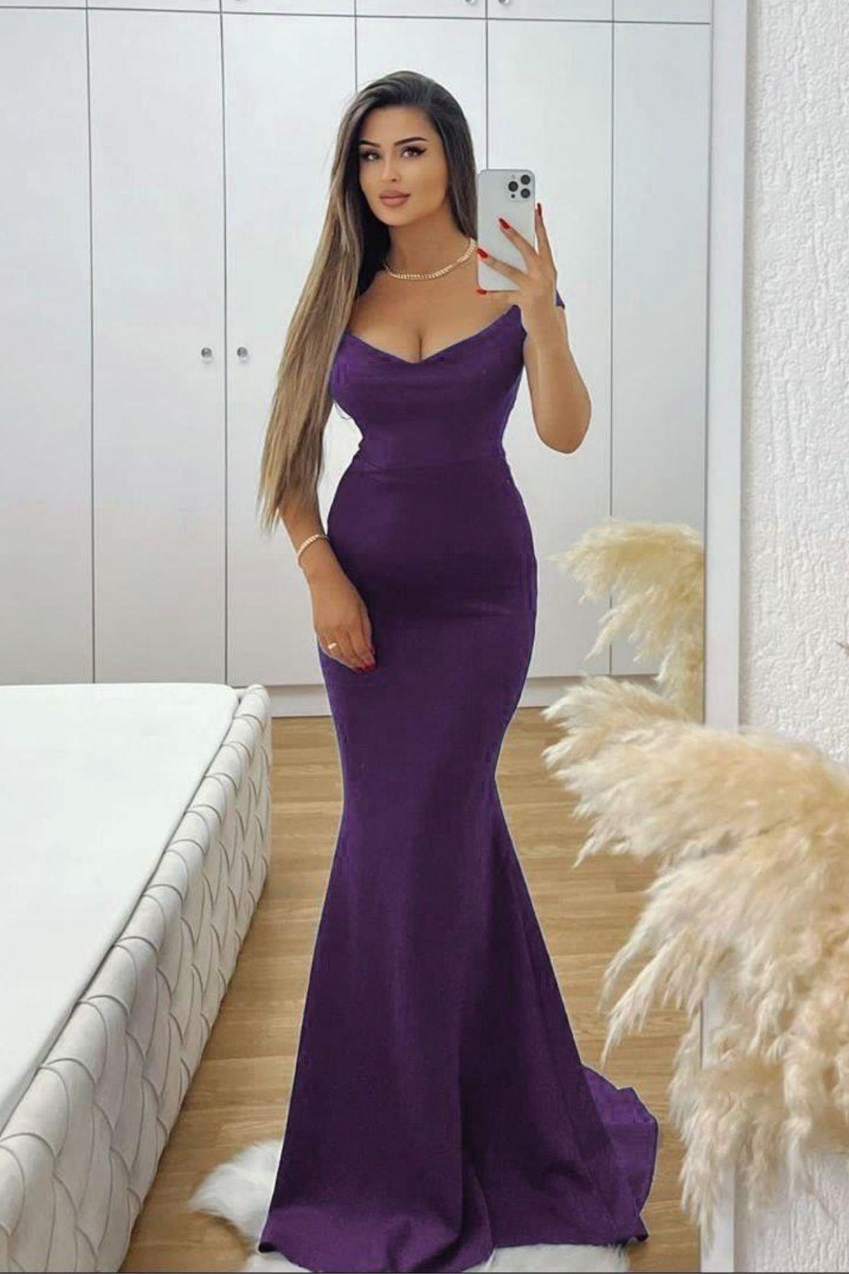 Kalp Yaka Kuyruklu Balık Abiye Elbise Mor