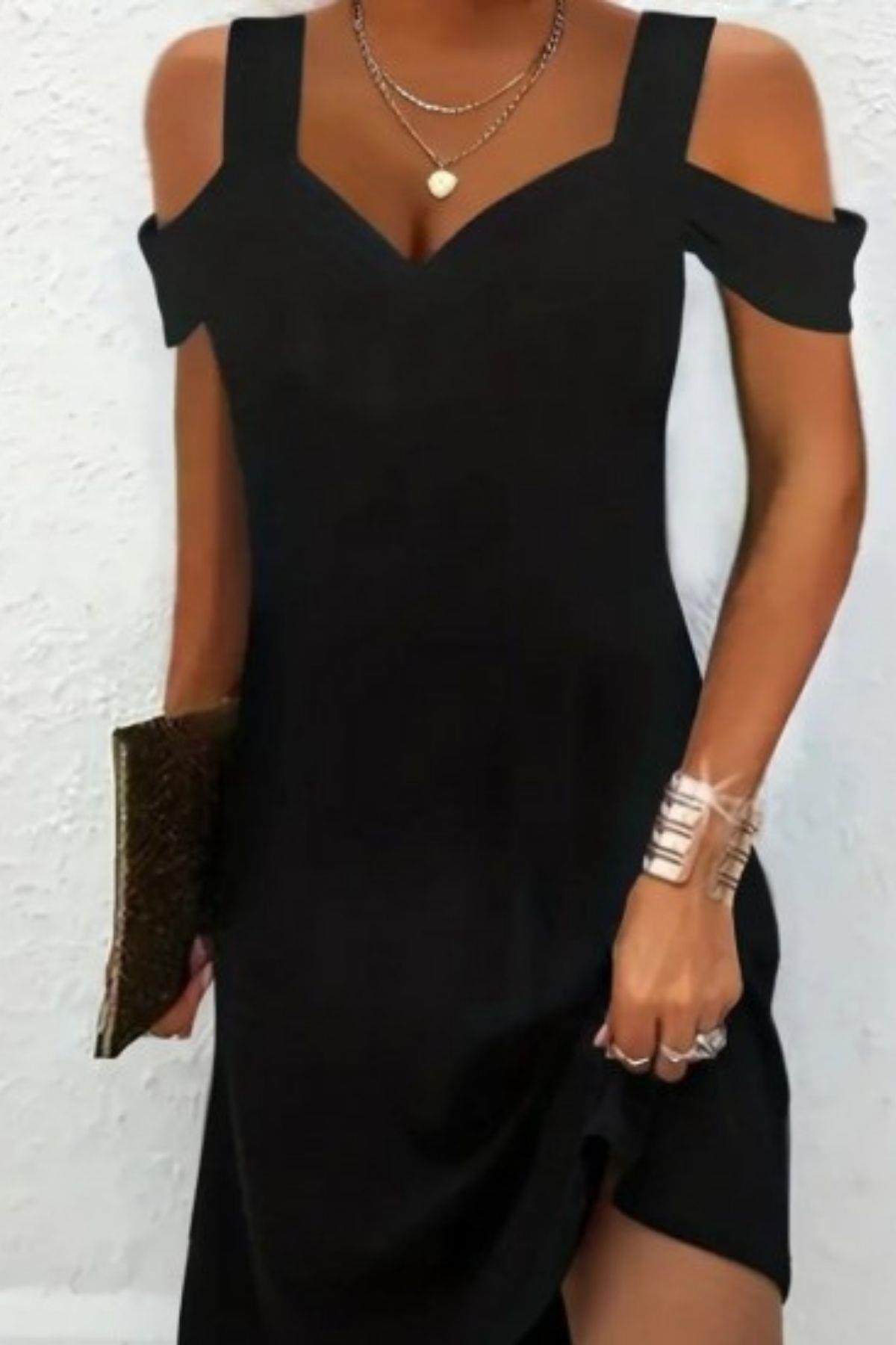 Kalp Yaka Omuz Detaylı Mini Krep Elbise Siyah