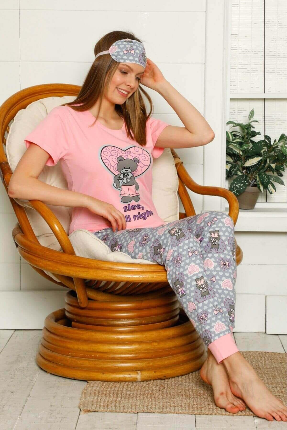 Kalpli Kısa Kollu Pijama Takımı Pembe