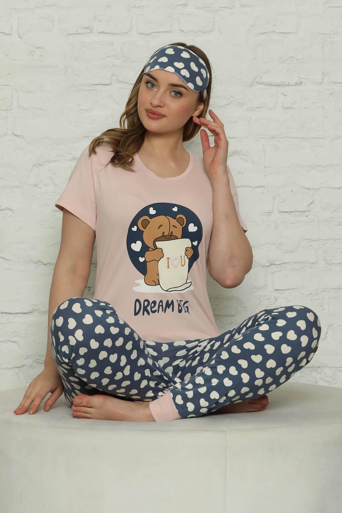 Kalpli Kısa Kollu Pijama Takımı Pudra