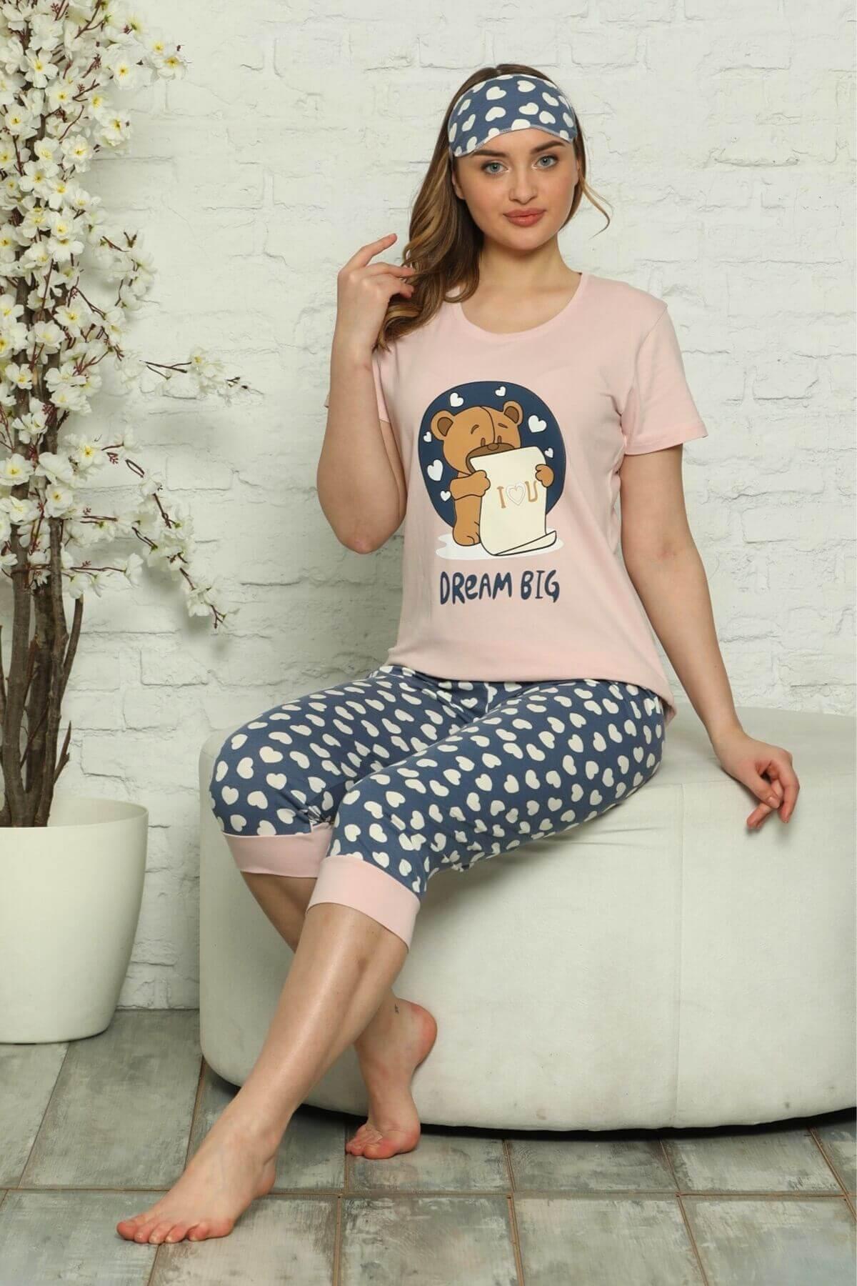 Kalpli Kısa Kollu Pijama Takımı Pudra