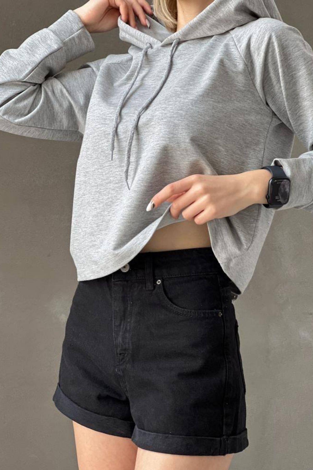 Kapşonlu İki İplik Sweatshirt Kadın Sweat Gri