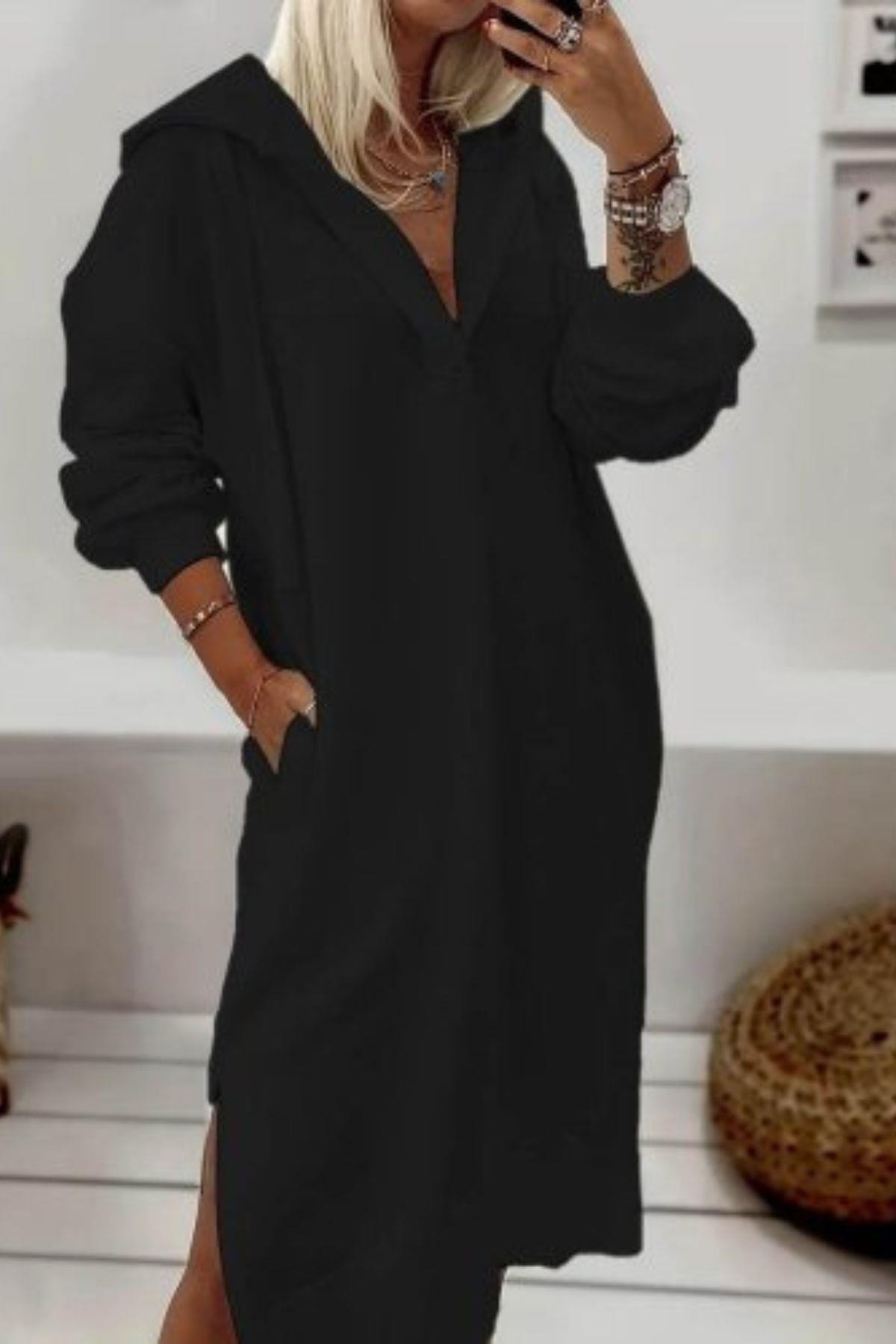 Kapüşonlu Açık Yaka  Moda Elbise Siyah