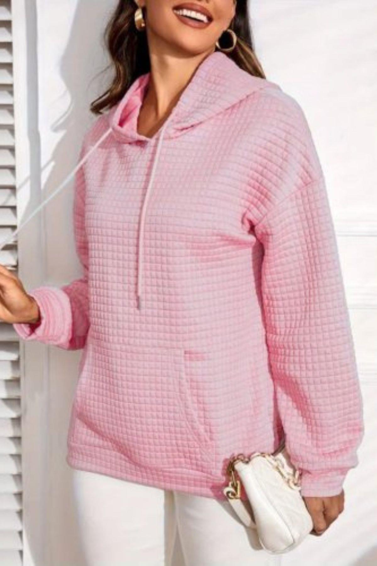 Kapüşonlu Bağcıklı Cepli Capitone Sweatshirt Pembe
