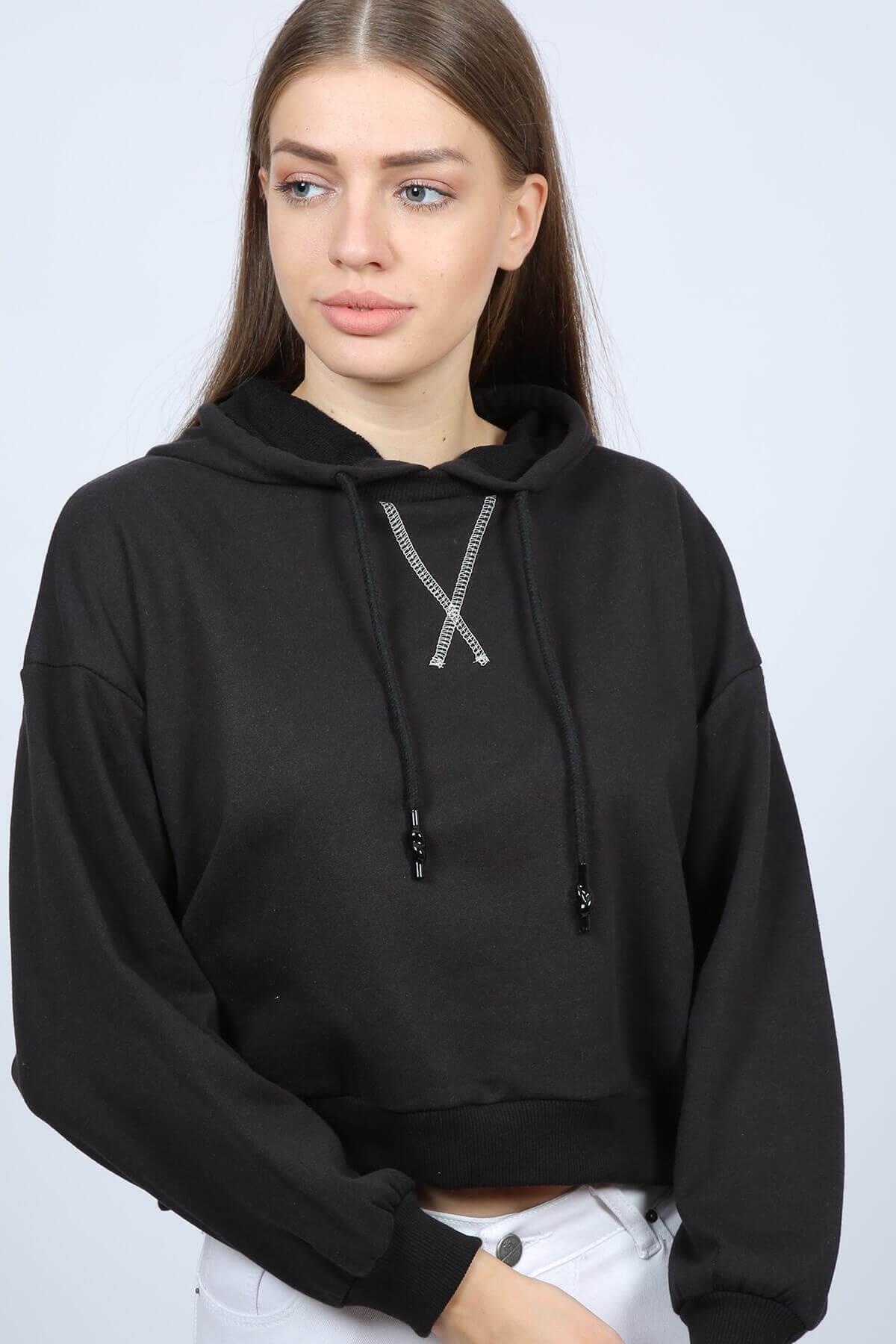 Kapüşonlu Basic Kadın Sweat Siyah