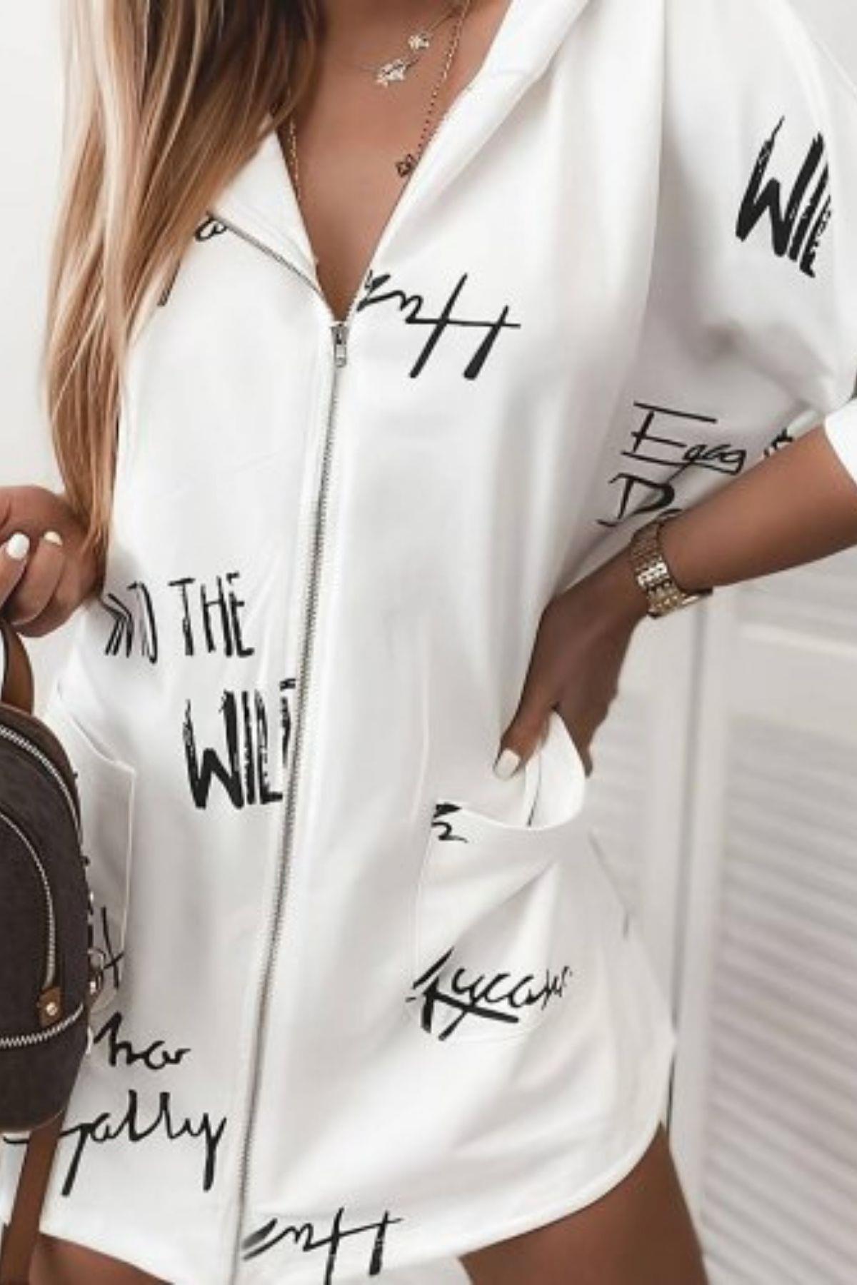 Kapüşonlu Baskılı Şardonlu Dalgıç Ceket Siyah