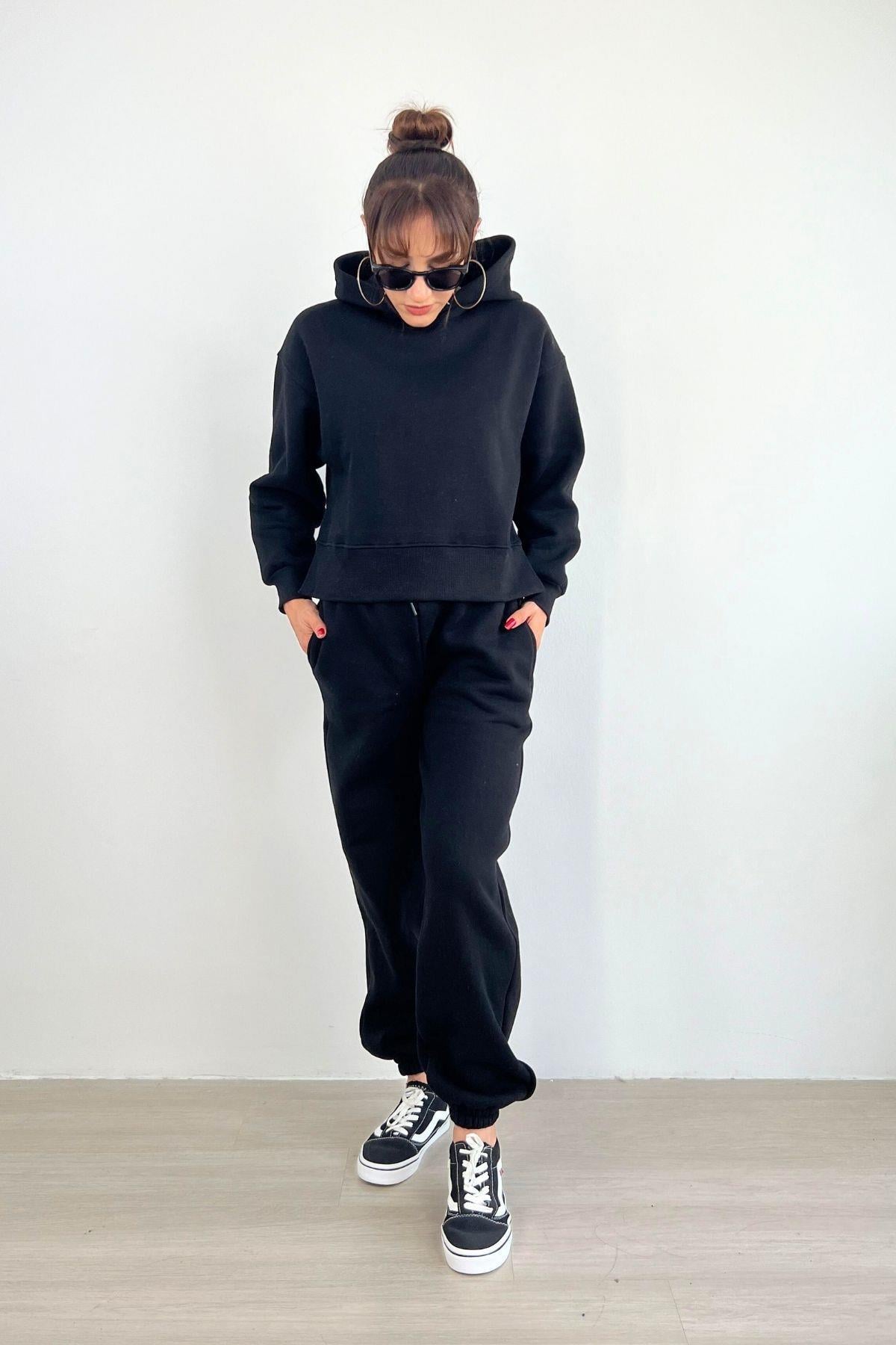 Kapüşonlu Oversize Polarlı Premium Kalın Eşofman Takım Siyah