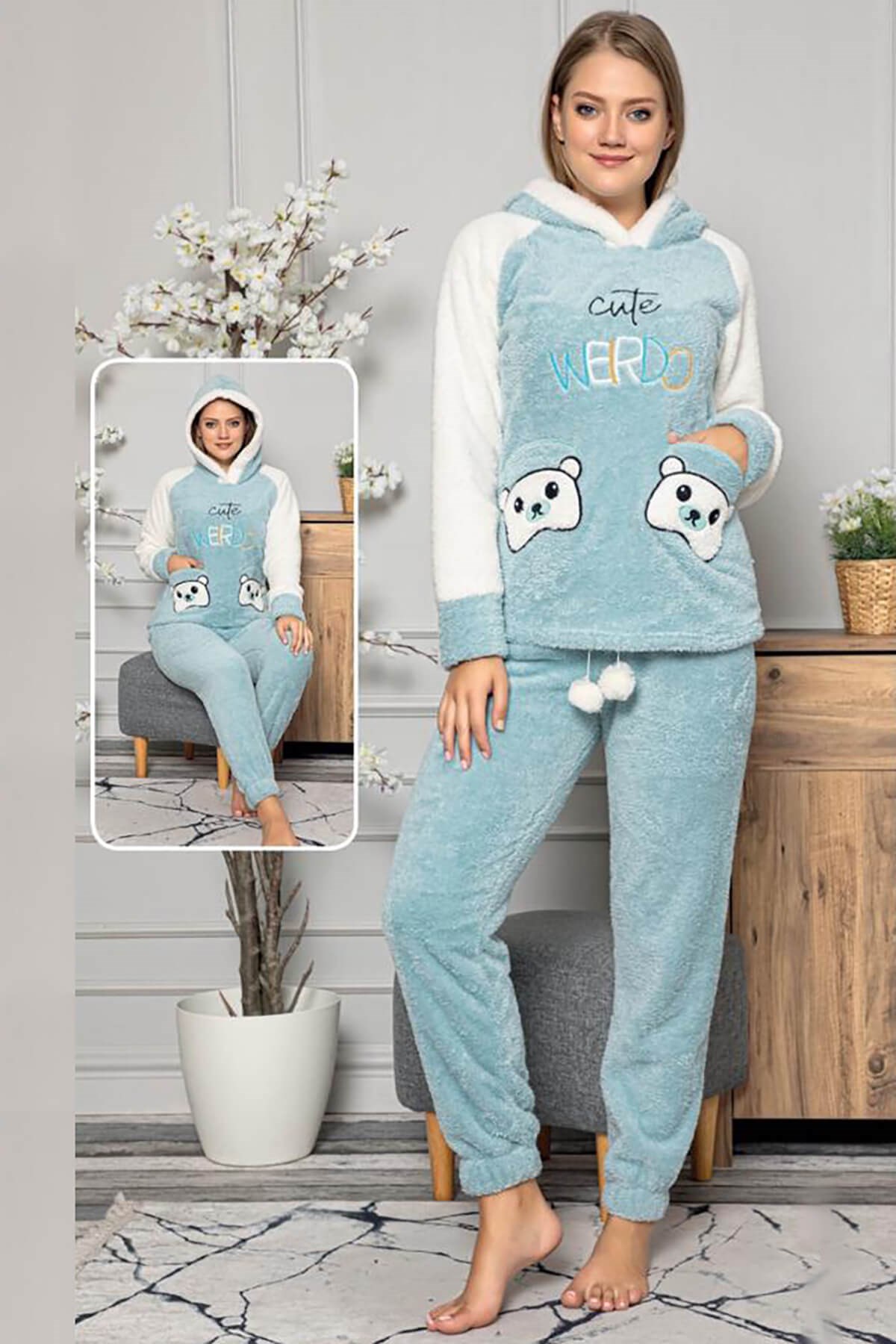 Kapüşonlu Peluş Pijama Takımı Mavi