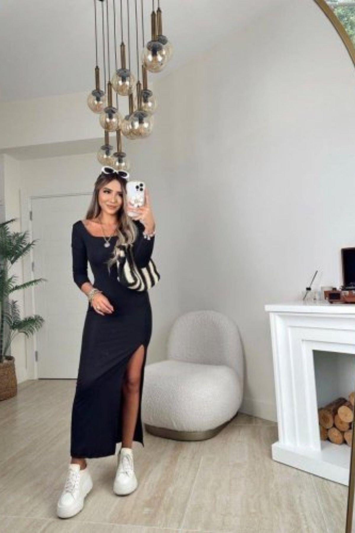 Kare Yaka Yırtmaçlı Uzun Sandy Elbise Siyah