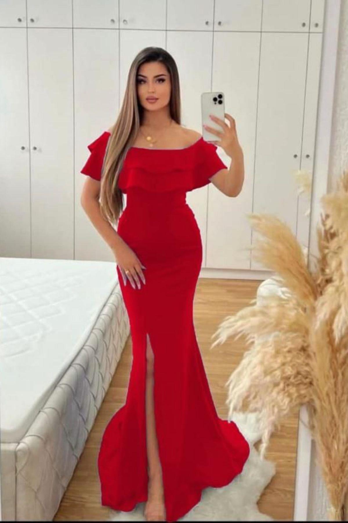 Kayık Yaka Fırfırlı Önü Yırtmaçlı Balık Abiye Kırmızı