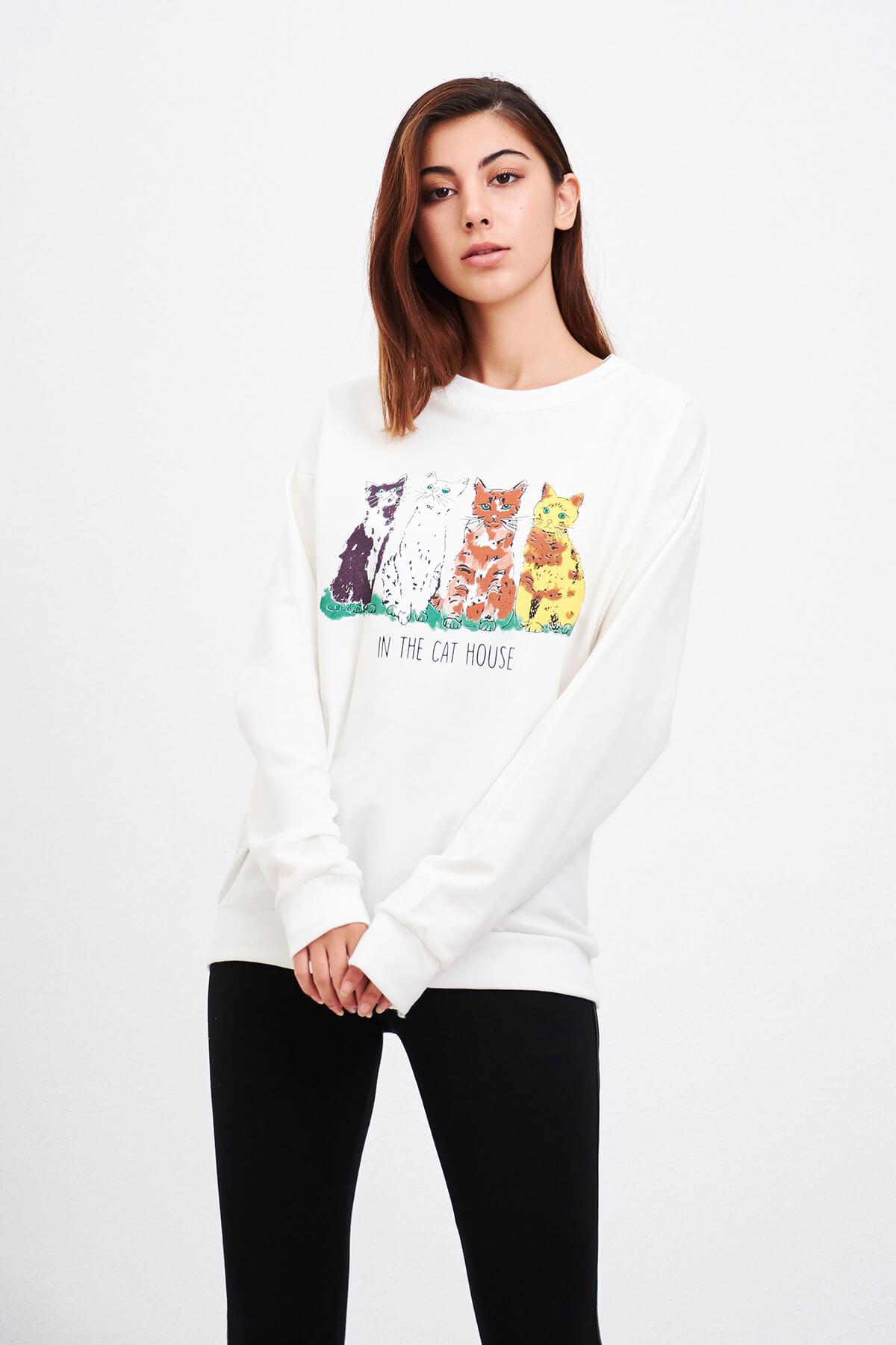 Kedi Baskılı Sweat Beyaz