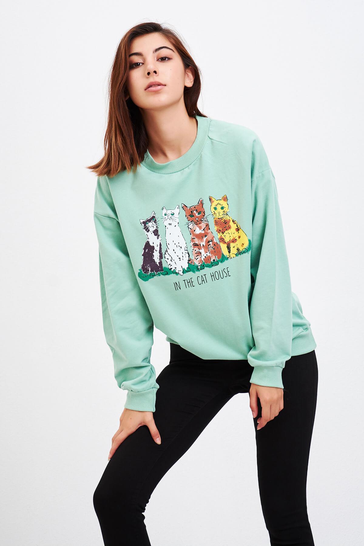 Kedi Baskılı Sweat Mint