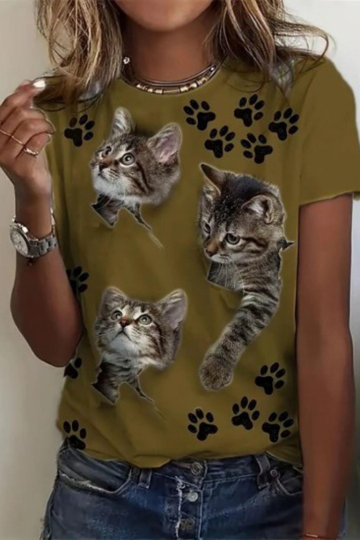 Kedi Ve Pati Baskılı Süprem T-shirt Haki