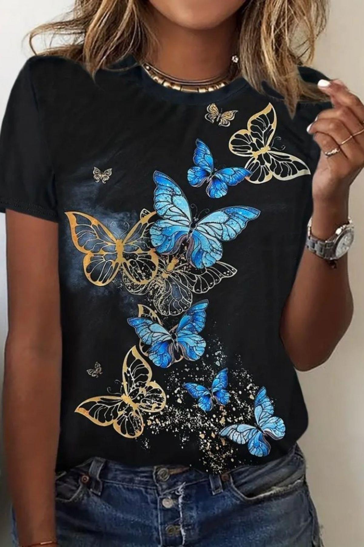 Kelebek Baskı Kısa Kollu Süprem T-Shirt Siyah
