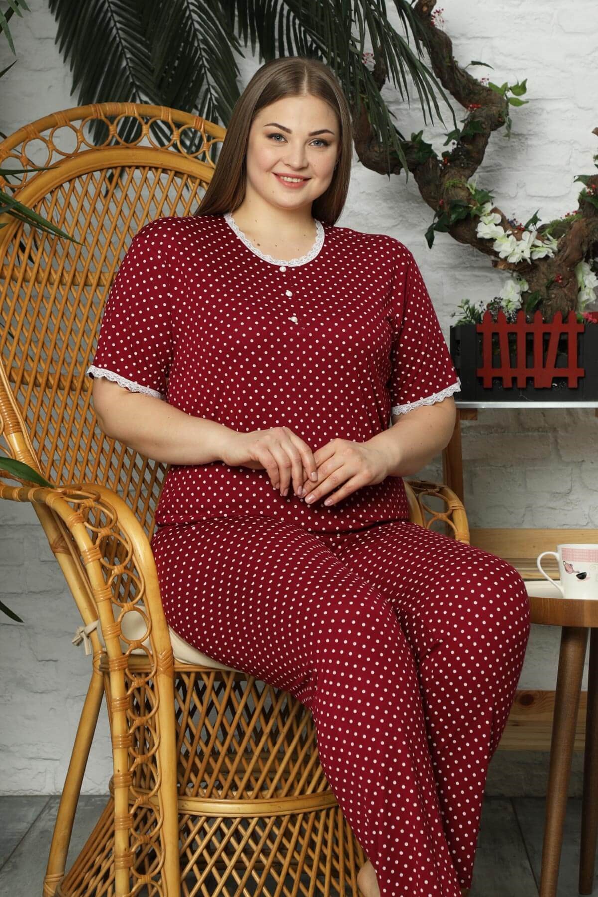 Kısa Kol Battal Beden Pijama Takım Bordo