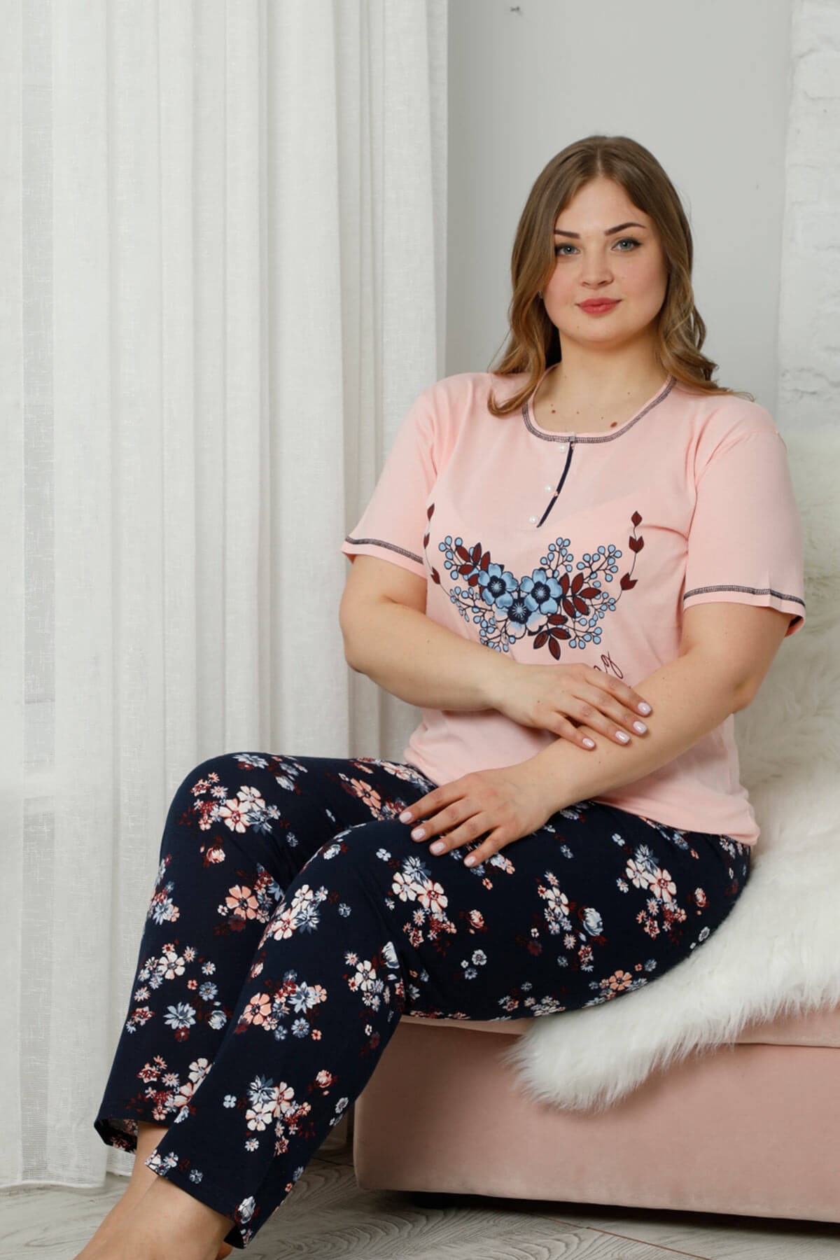 Kısa Kol Battal Beden Pijama Takım Pembe