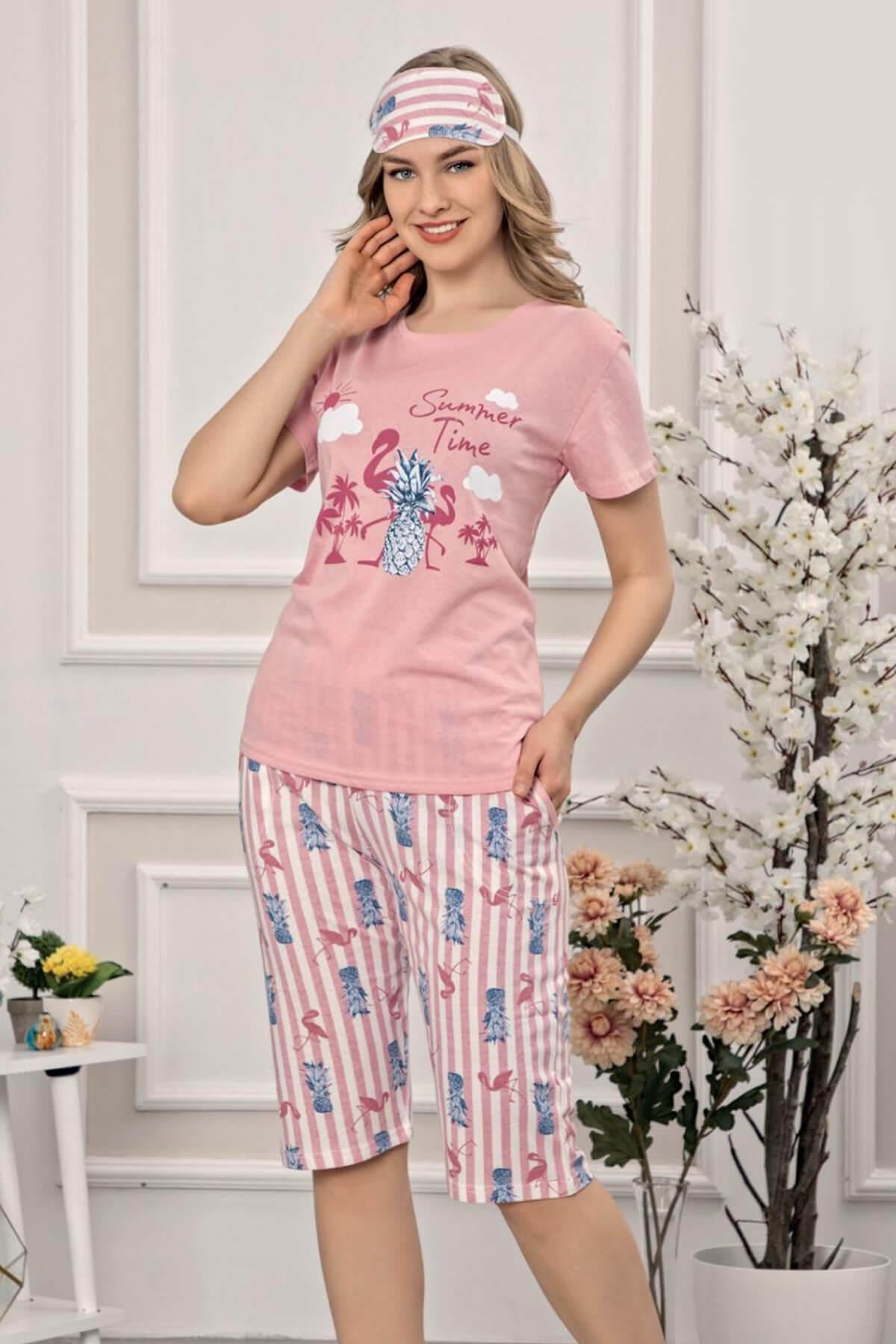 Kısa Kol Kapri Pijama Takımı Pembe