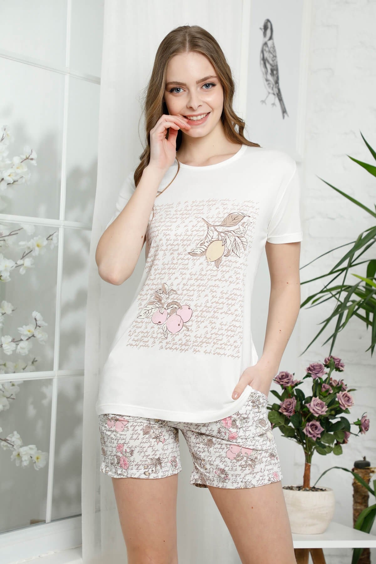 Kısa Kol Şortlu Pijama Takımı Ekru