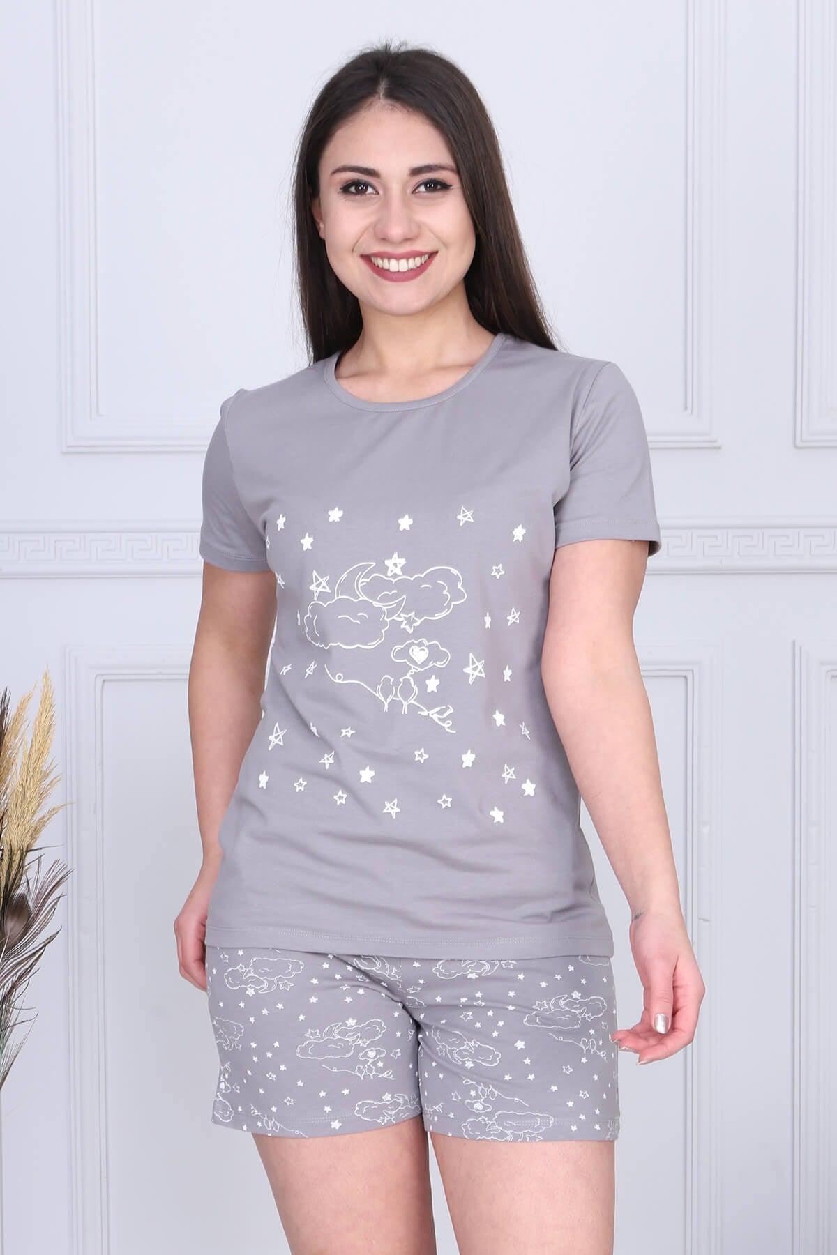 Kısa Kol Şortlu Pijama Takımı Gri