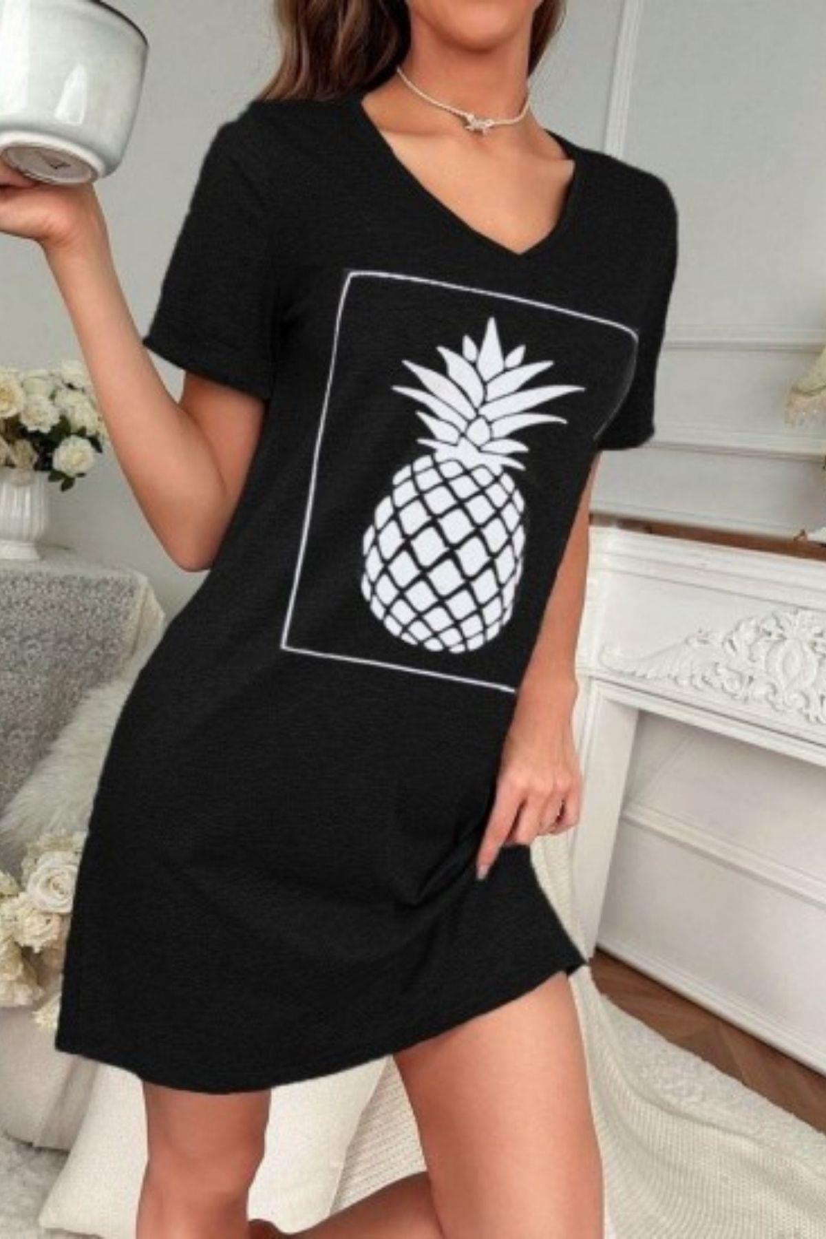 Kısa Kollu Çerçeve Detay Ananas Baskılı Cepli Viskon Elbise Siyah