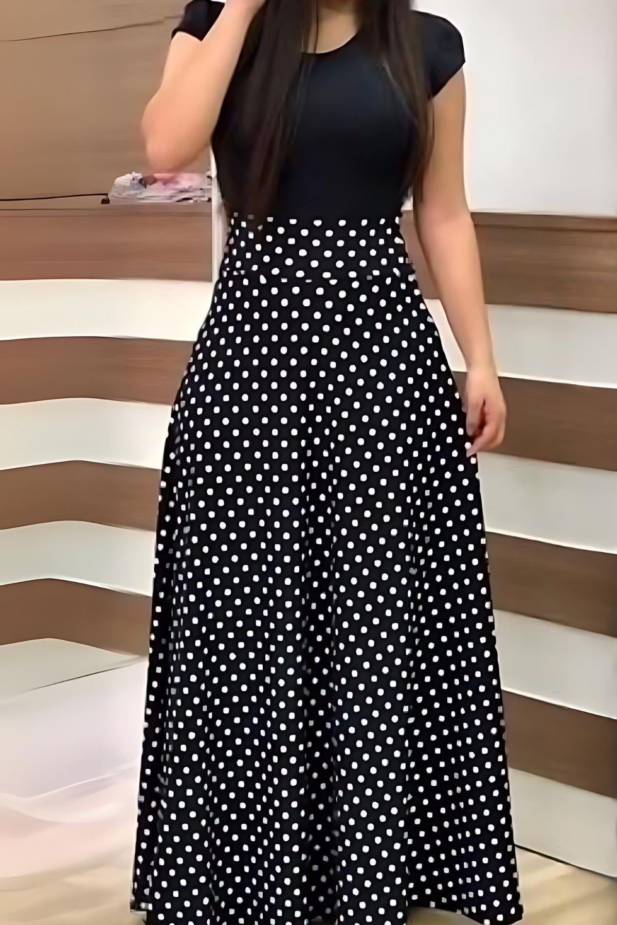 Kısa Kollu Puan Desen Tam Boy Krep Elbise Siyah