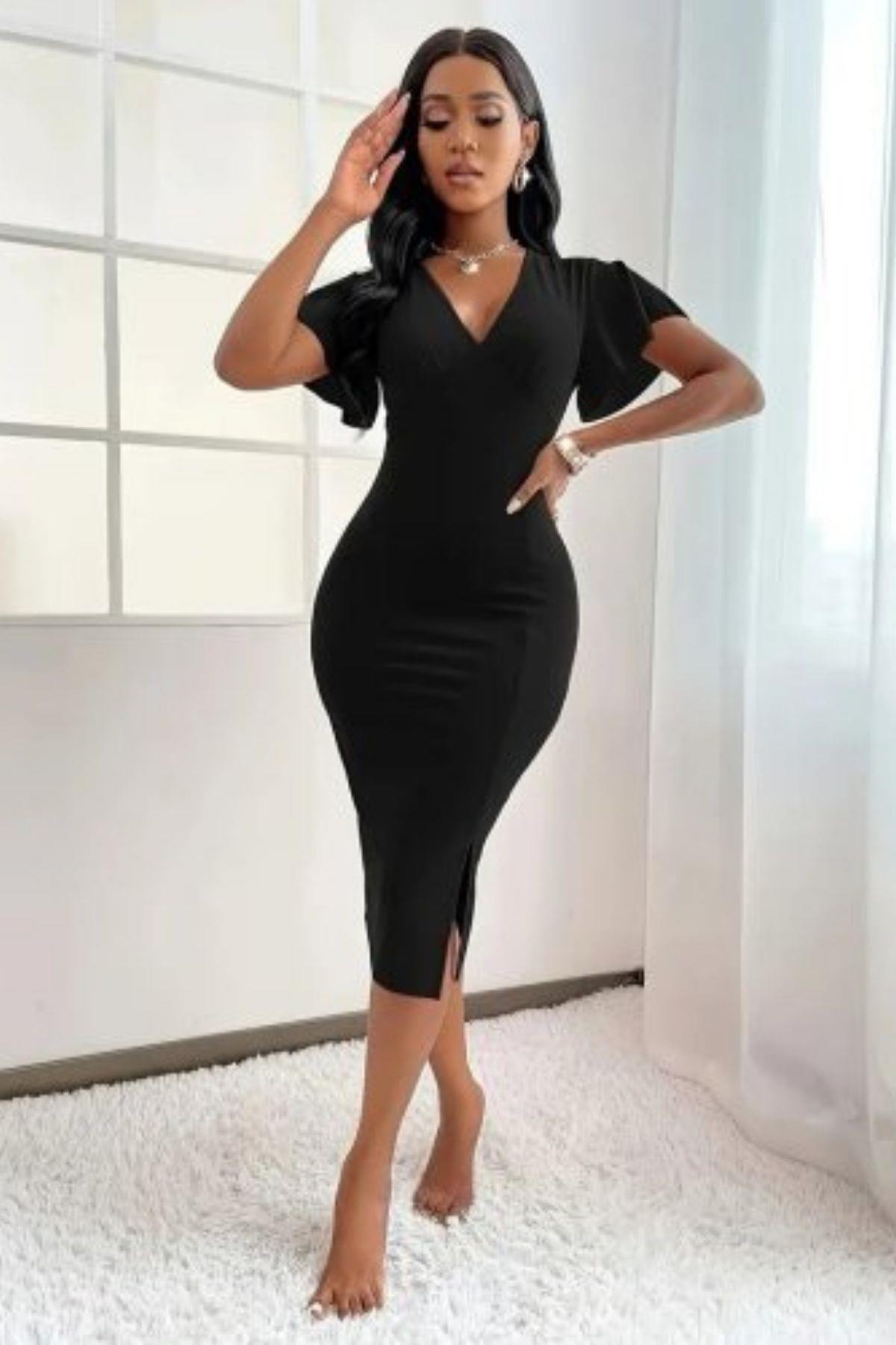 Kısa Kollu V Yaka Midi Elbise Siyah