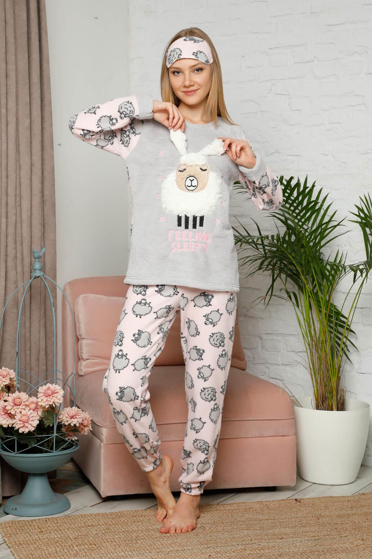 Kışlık Polar Kuzu Detaylı Pijama Takımı Gri