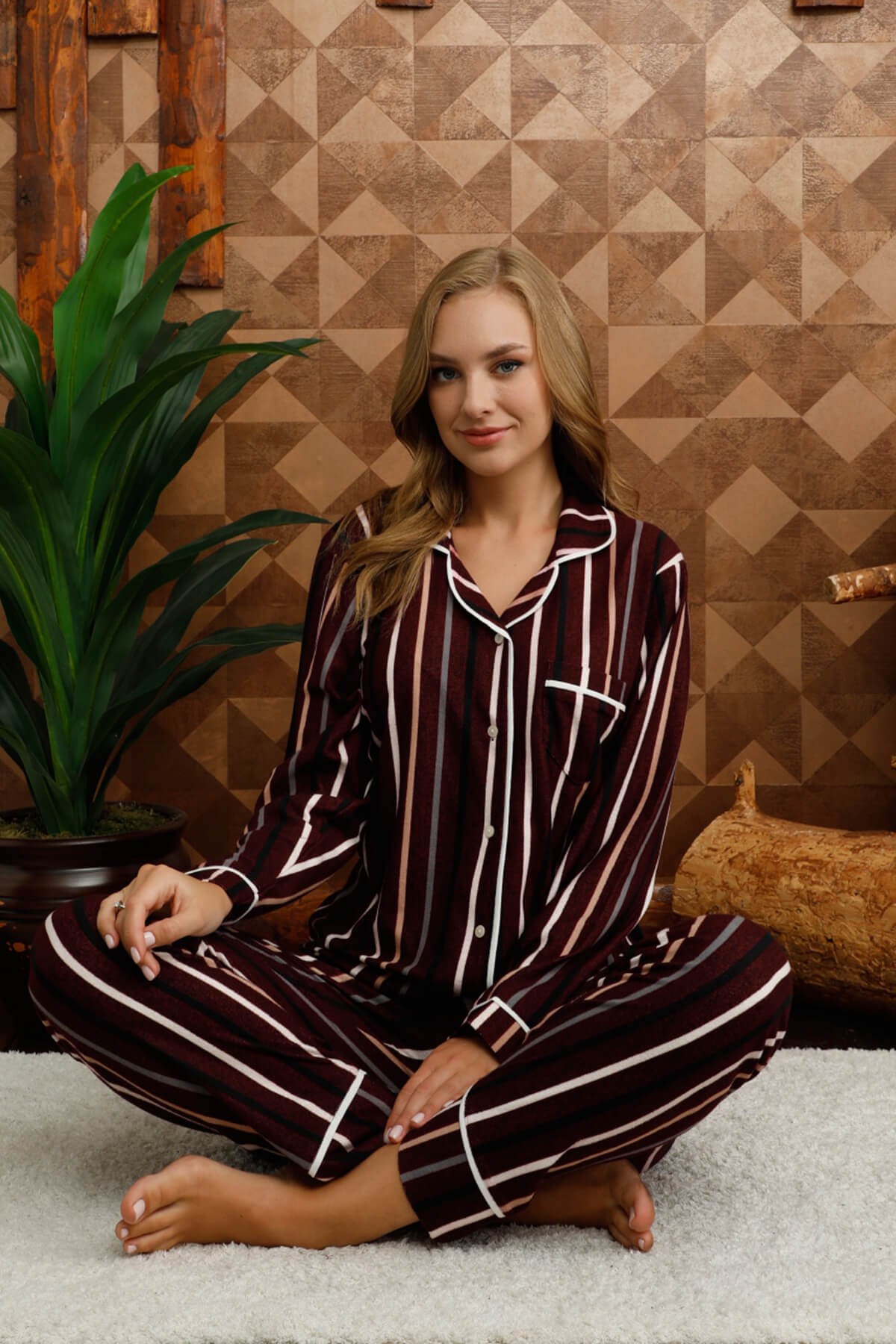 Kışlık Süet Pijama Takımı Bordo