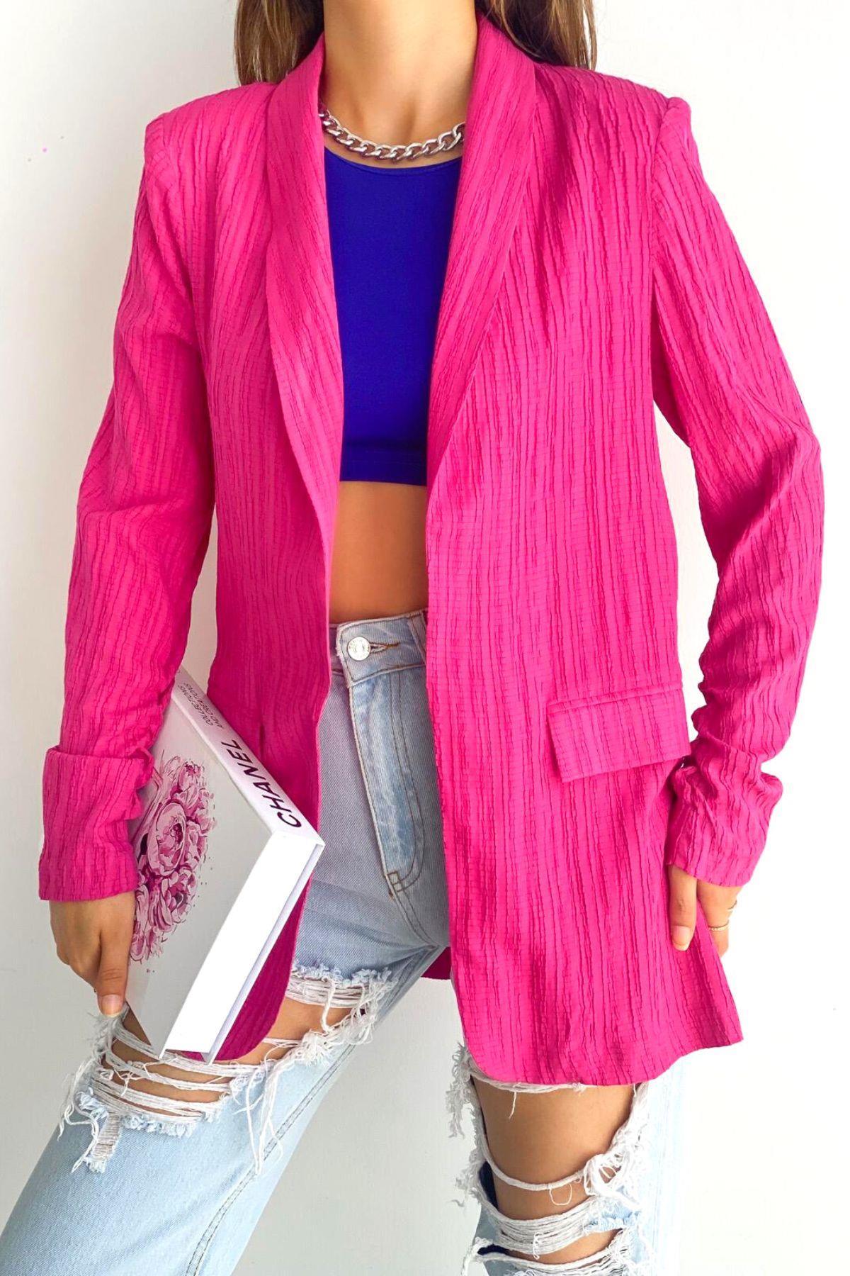 Kol Büzgülü İnce Blazer Ceket Fuşya