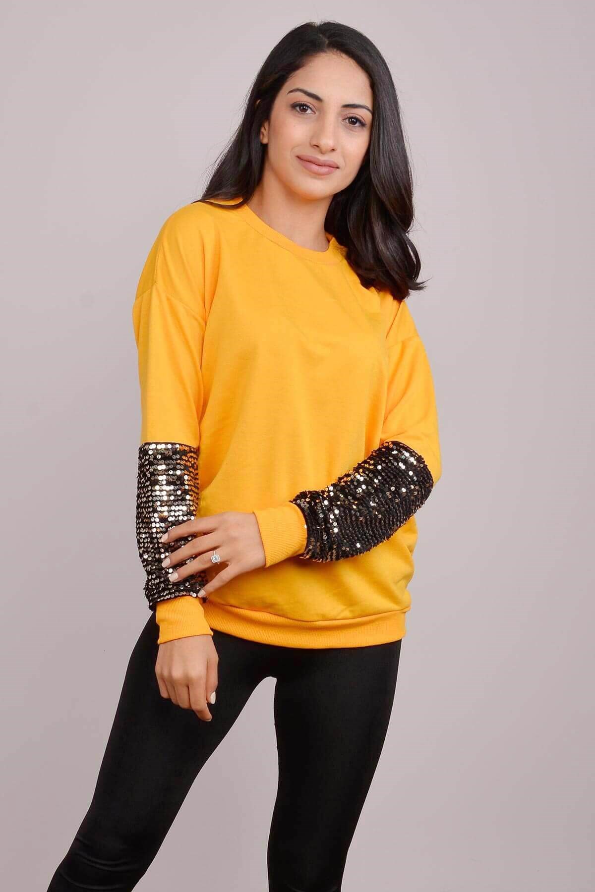 Kol Payetli Kadın Sweatshirt Sarı