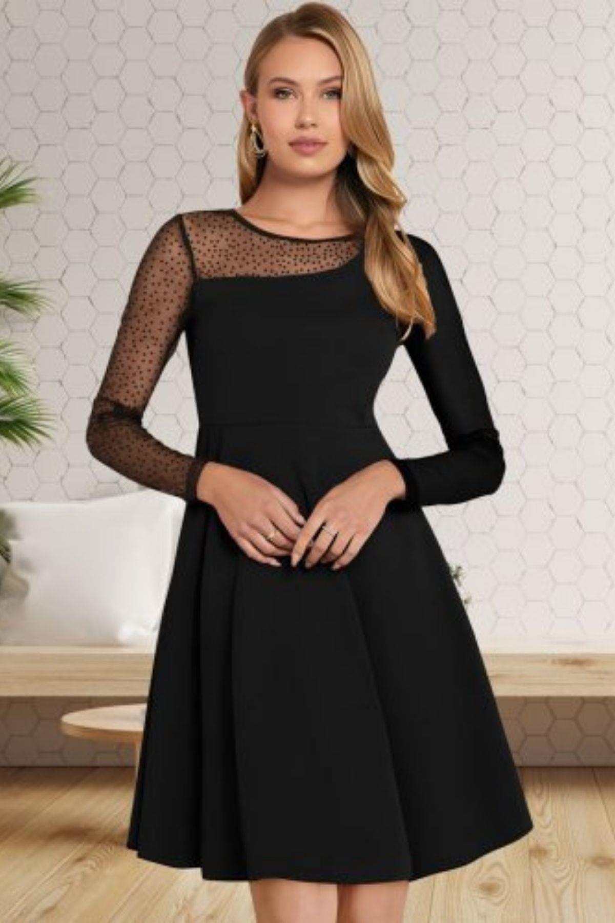Kol ve Boyun Puantiyeli Mini Krep Elbise Siyah
