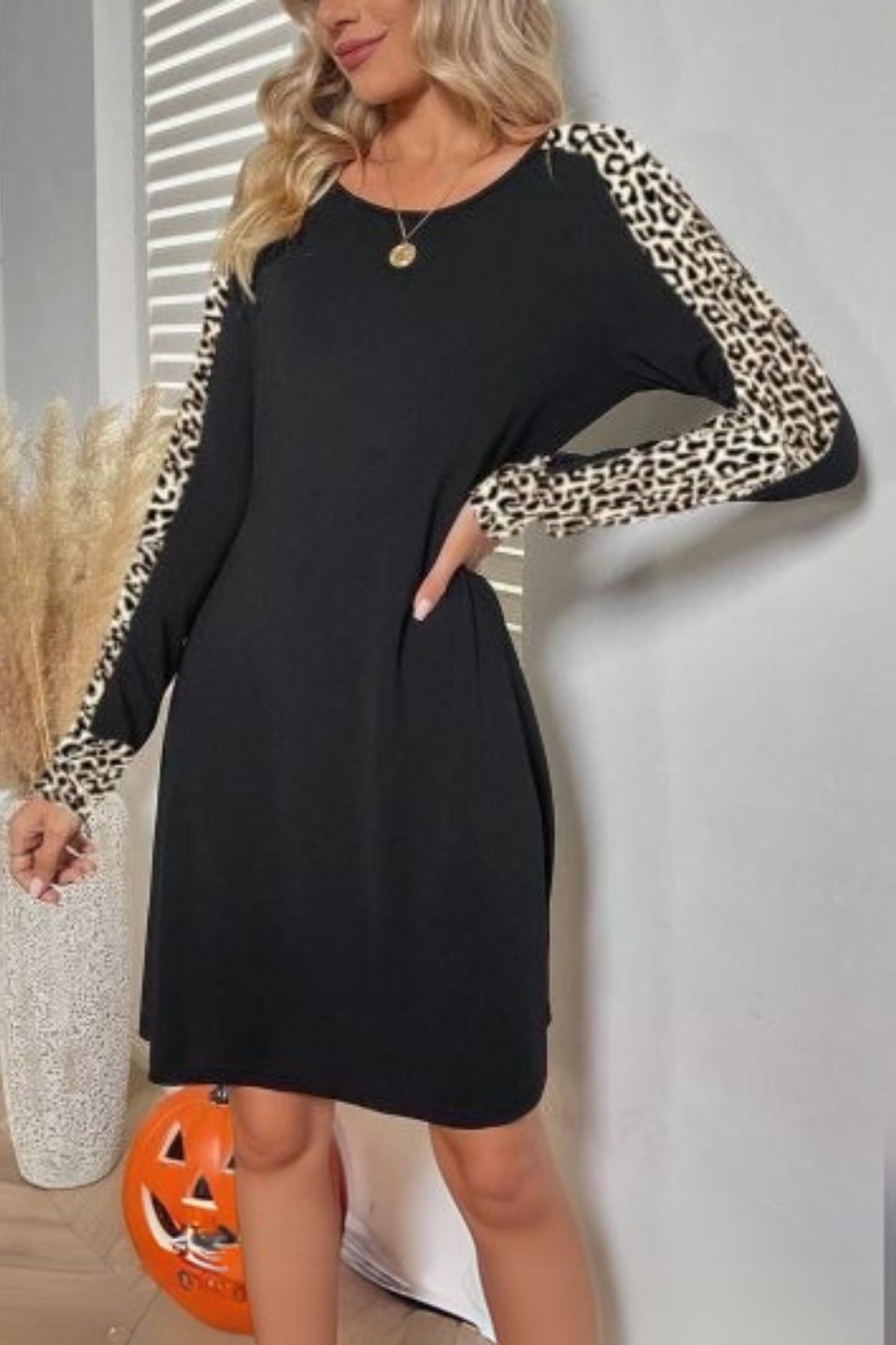 Kollar Leopar Detay İki İplik Mini Boy Elbise Siyah