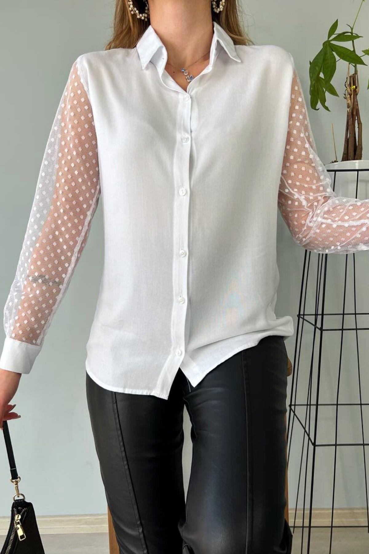 Kolları Tüllü Viskon Gömlek Beyaz