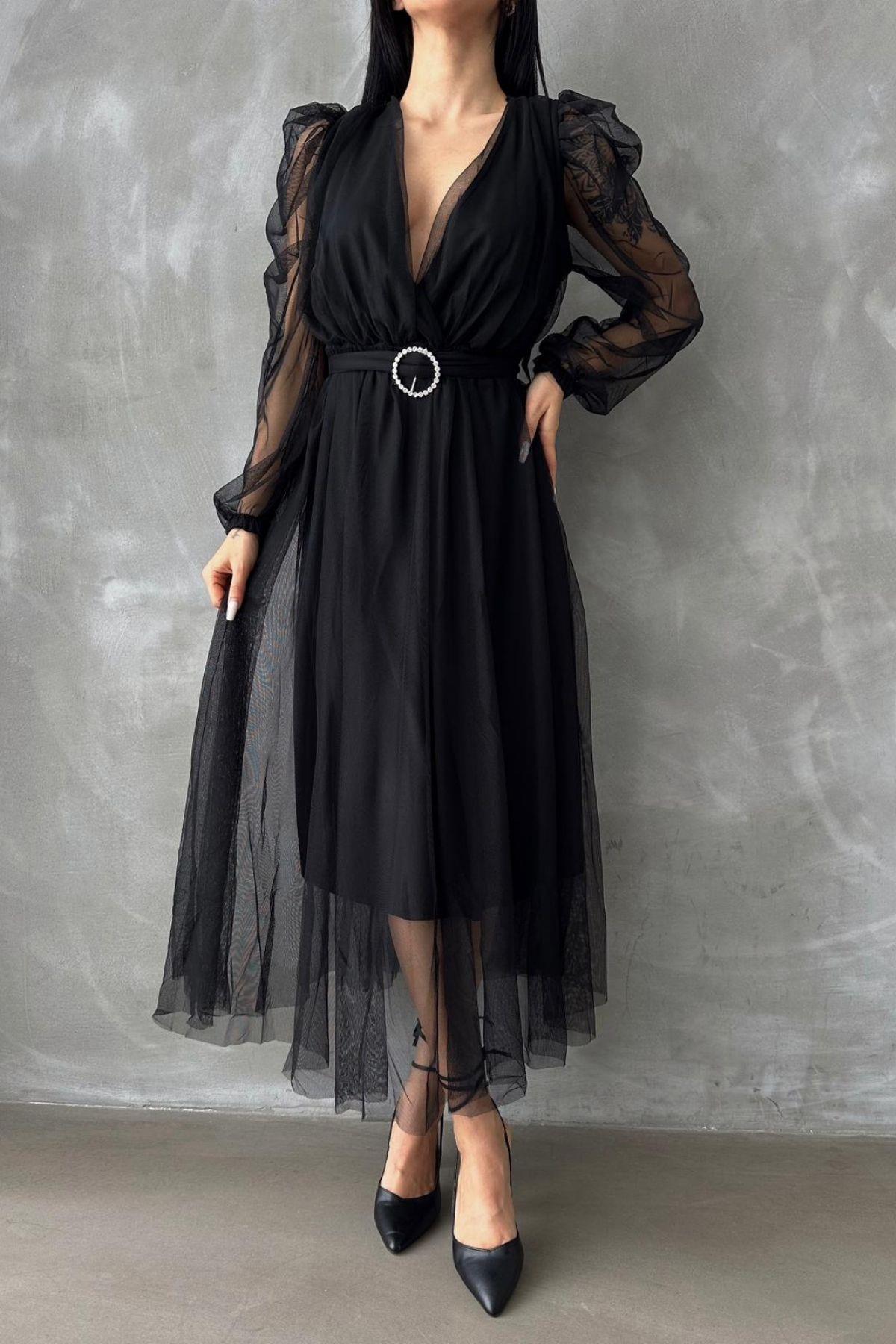 Kruvaze Yaka Balon Kol Tüllü Elbise Siyah