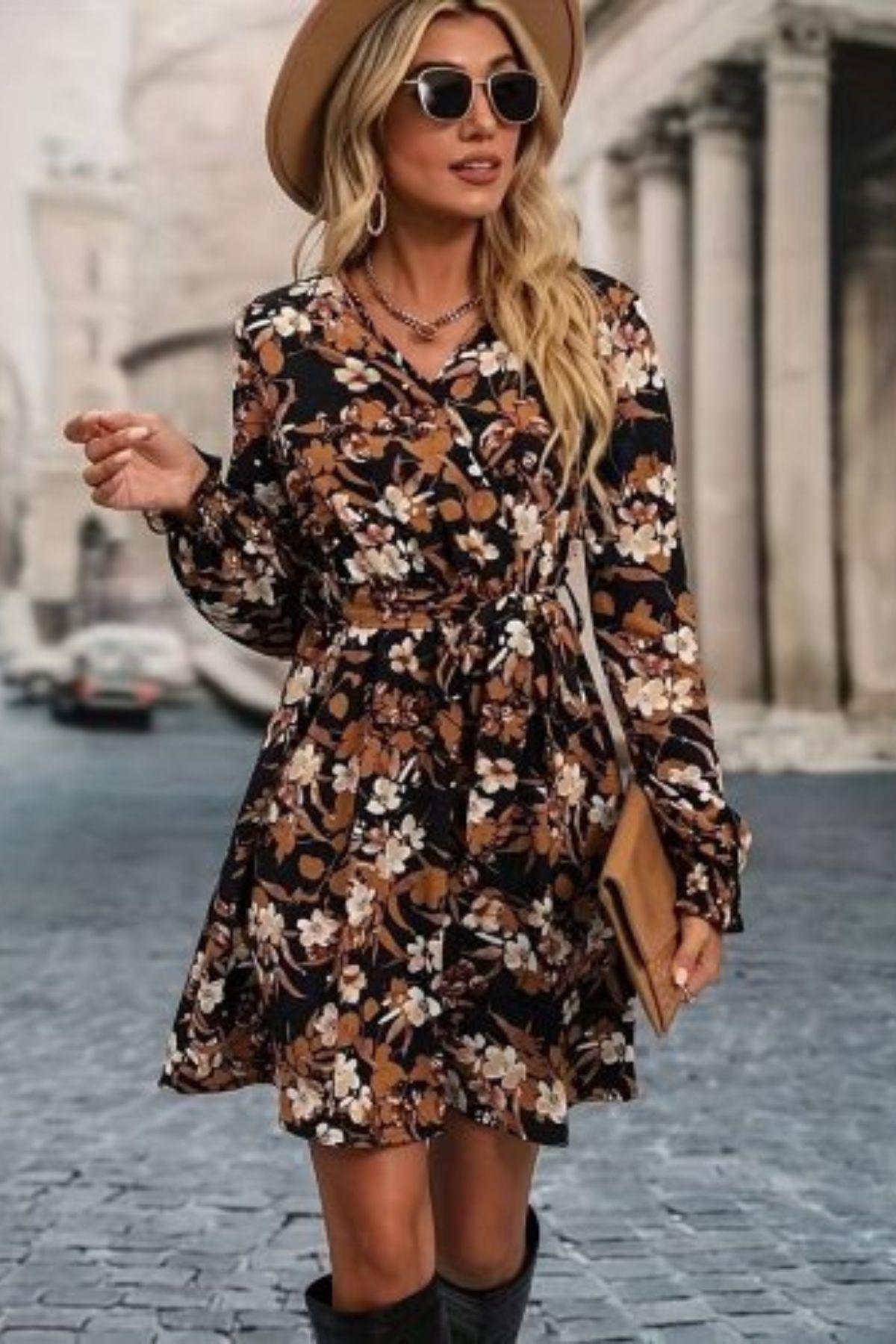 Kruvaze Yaka  Dalgıç Elbise Desenli